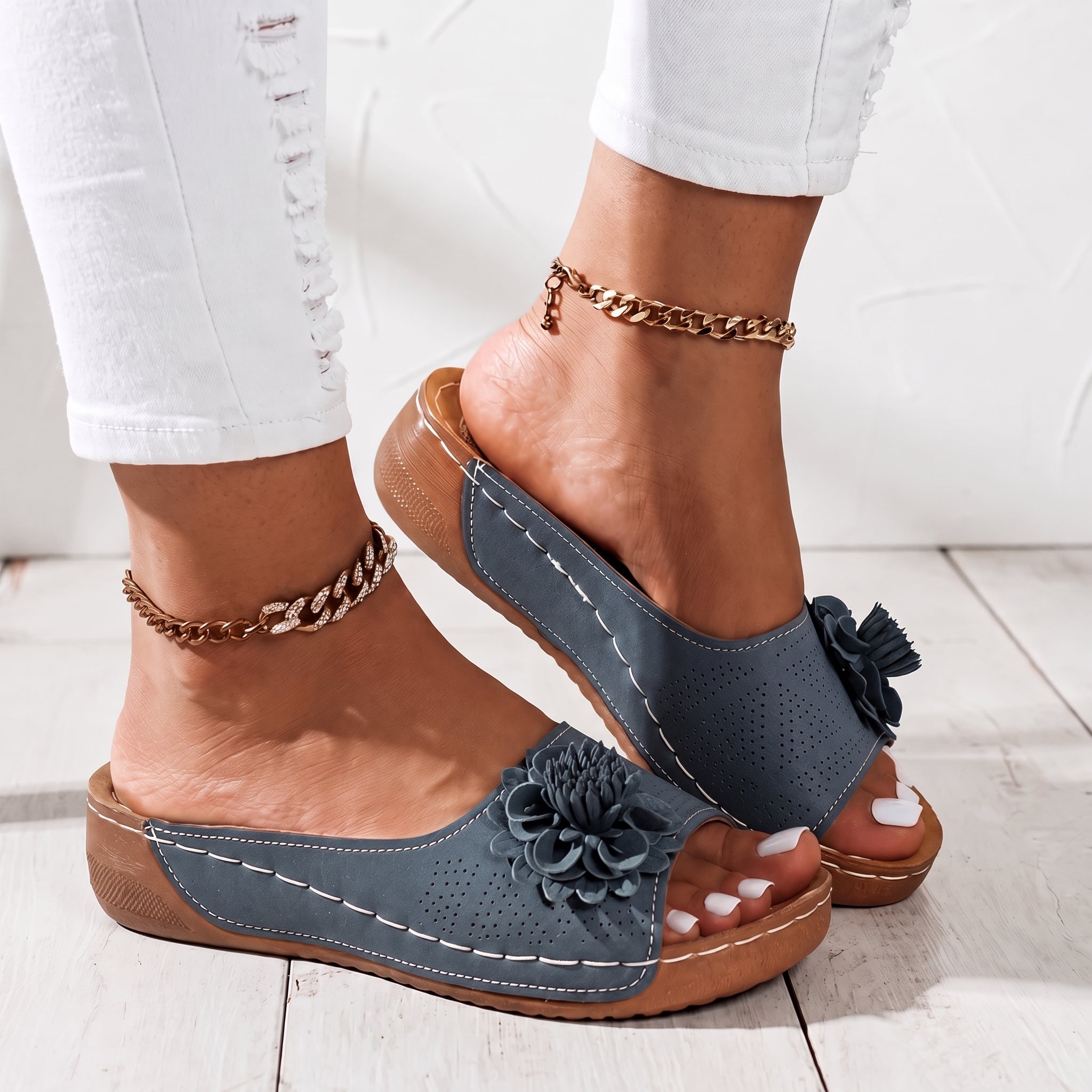 Johanna – Women's Orthopaedic Floral Detail Wedge Sandals - Sandals - Blue - Taylor & Bennett
