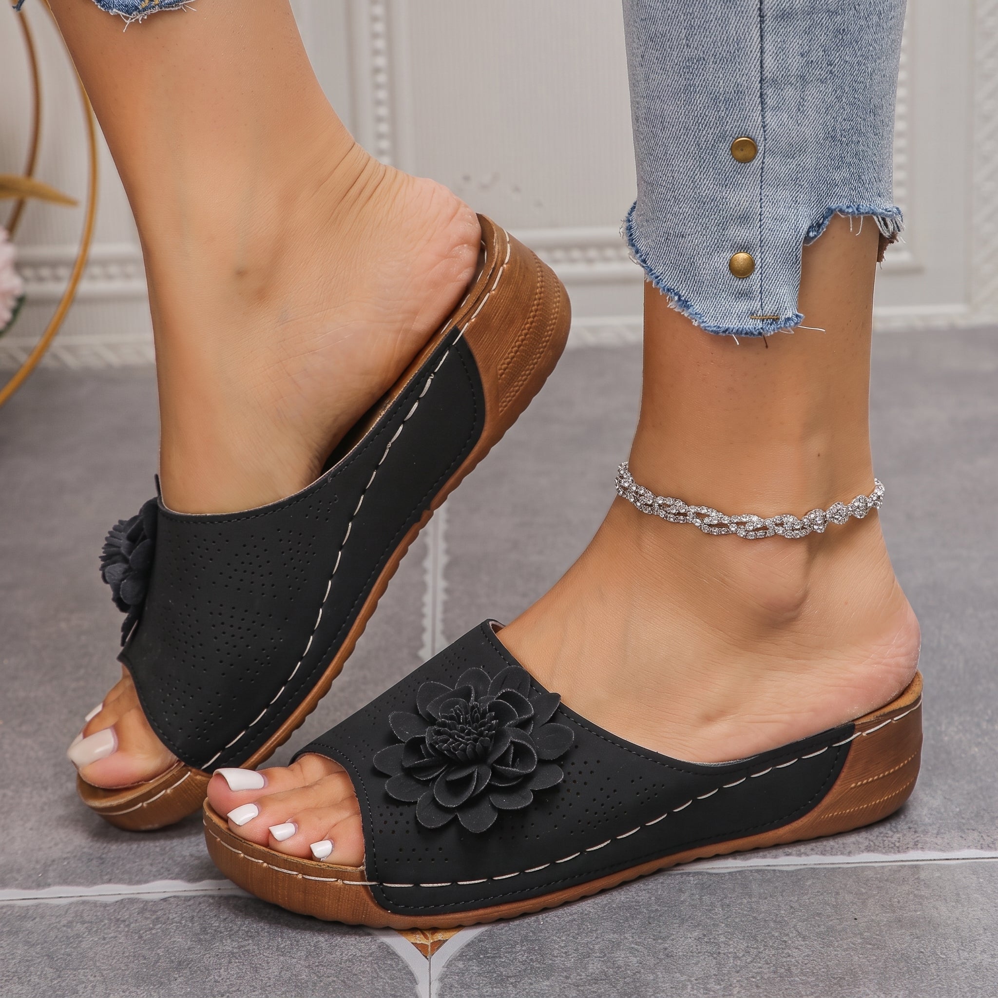Johanna – Women's Orthopaedic Floral Detail Wedge Sandals - Sandals - Black - Taylor & Bennett