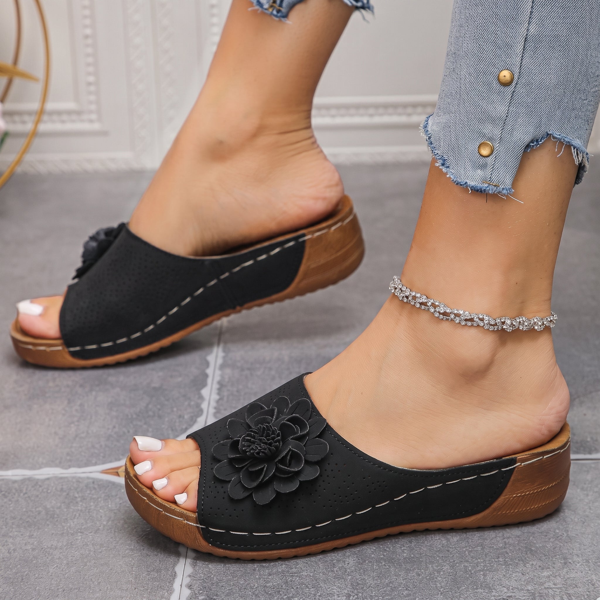 Johanna – Women's Orthopaedic Floral Detail Wedge Sandals - Sandals - Black - Taylor & Bennett