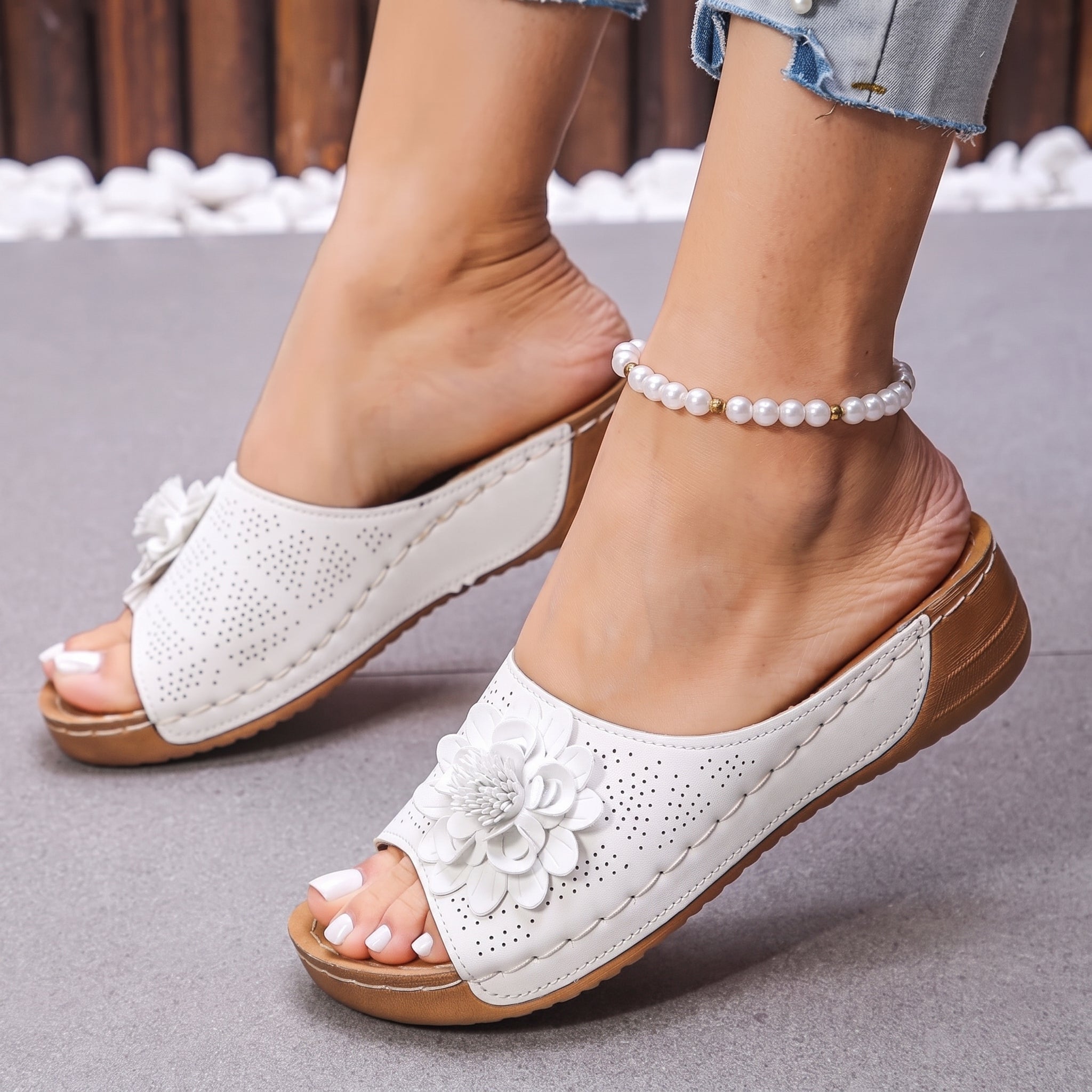 Johanna – Women's Orthopaedic Floral Detail Wedge Sandals - Sandals - White - Taylor & Bennett
