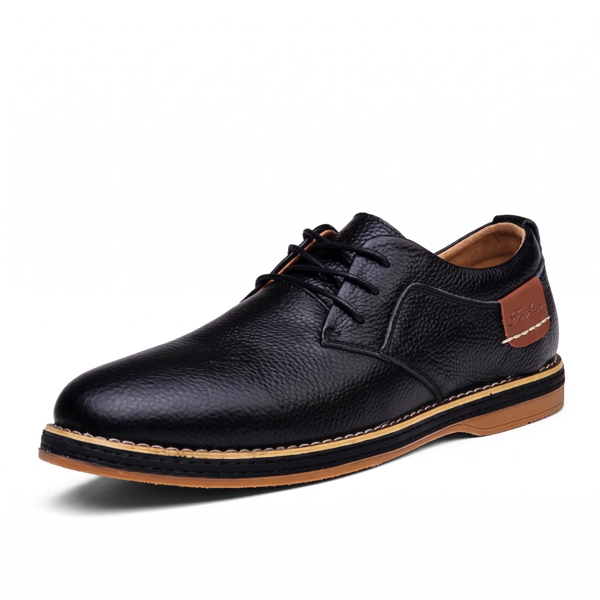 Jonas - Men's Casual Plain Contrast Tan Trim Derby Shoes - Shoes - Black - Taylor & Bennett