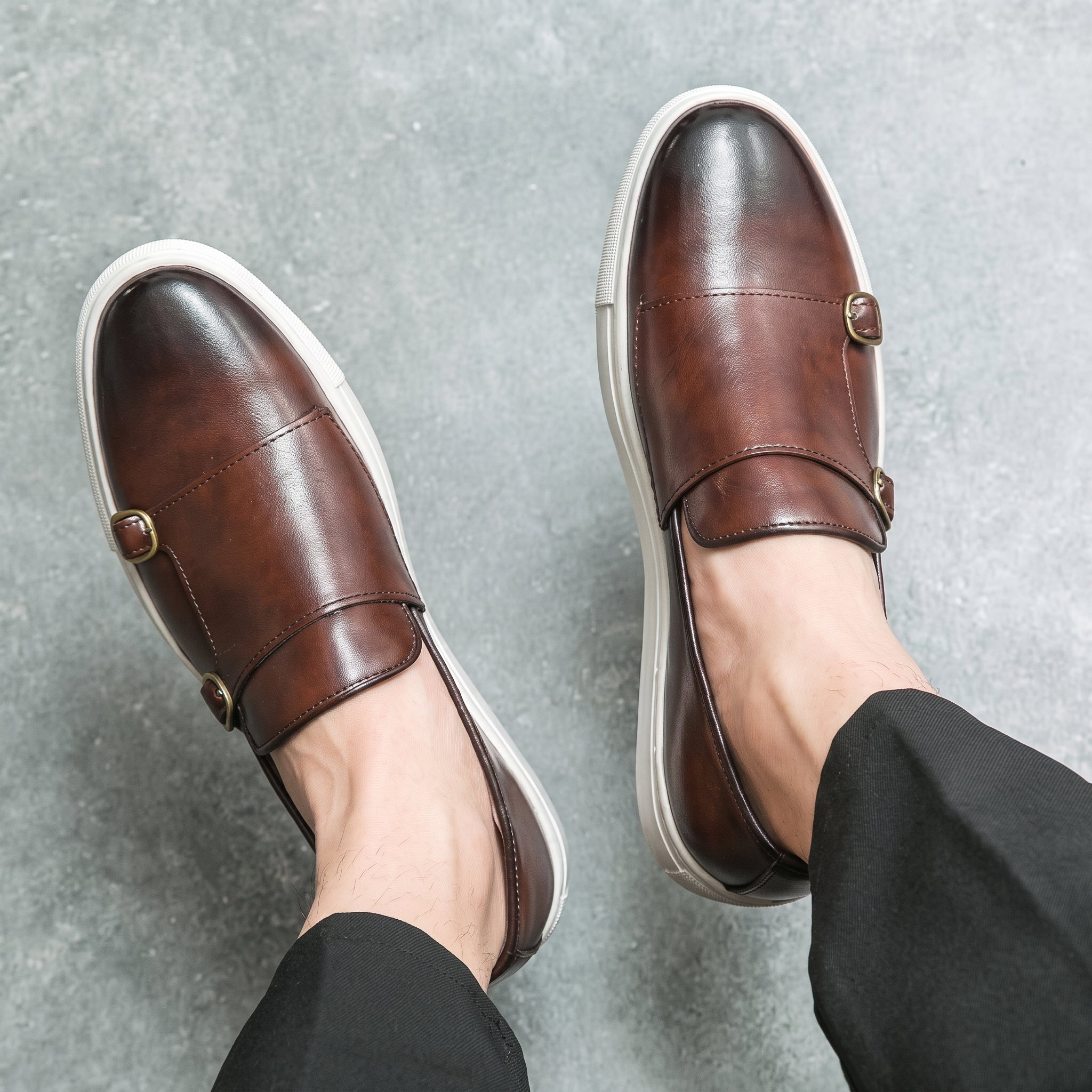 Jonas - Men's Casual Slip-On Double Monk Strap Trainers - Shoes men - Dark Brown - Taylor & Bennett