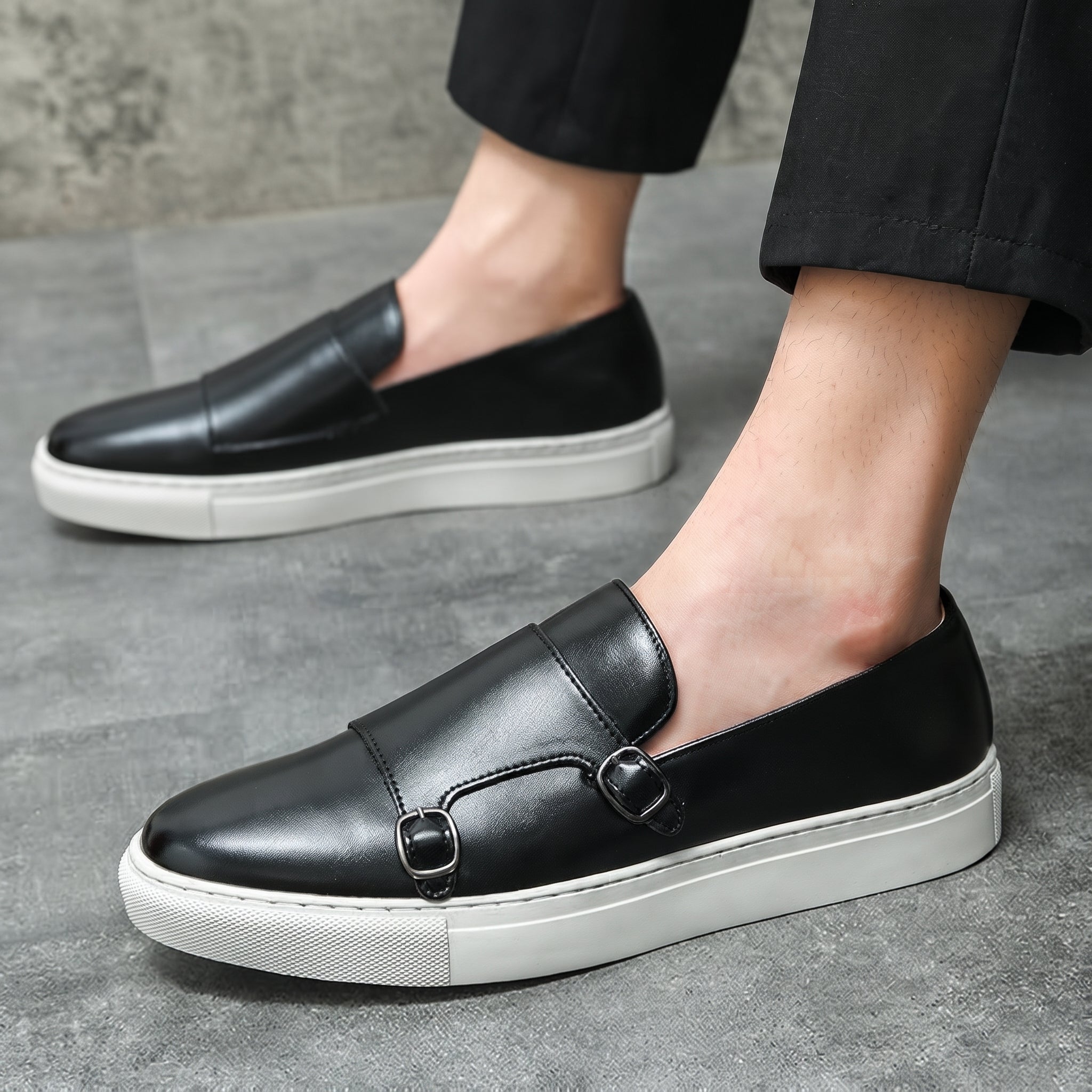 Jonas - Men's Casual Slip-On Double Monk Strap Trainers - Shoes men - Black - Taylor & Bennett