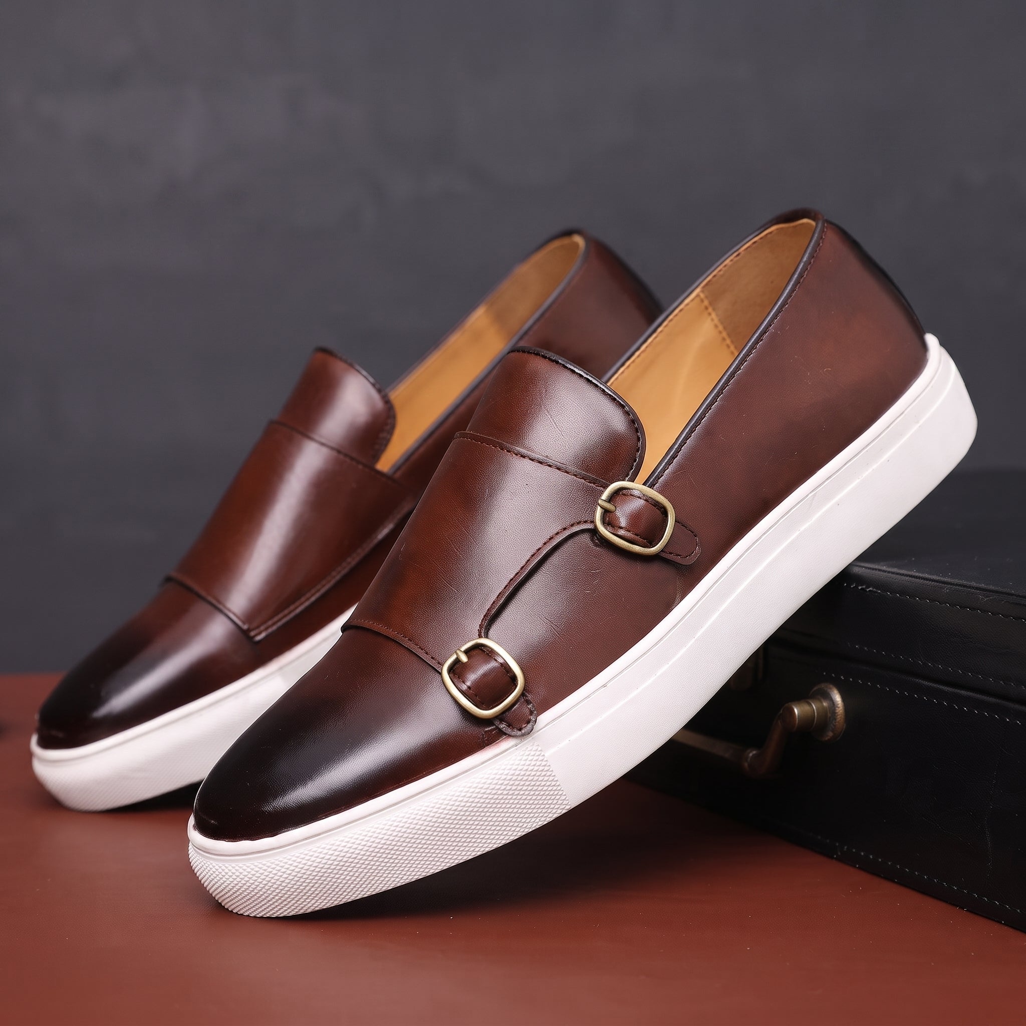 Jonas - Men's Casual Slip-On Double Monk Strap Trainers - Shoes men - Dark Brown - Taylor & Bennett