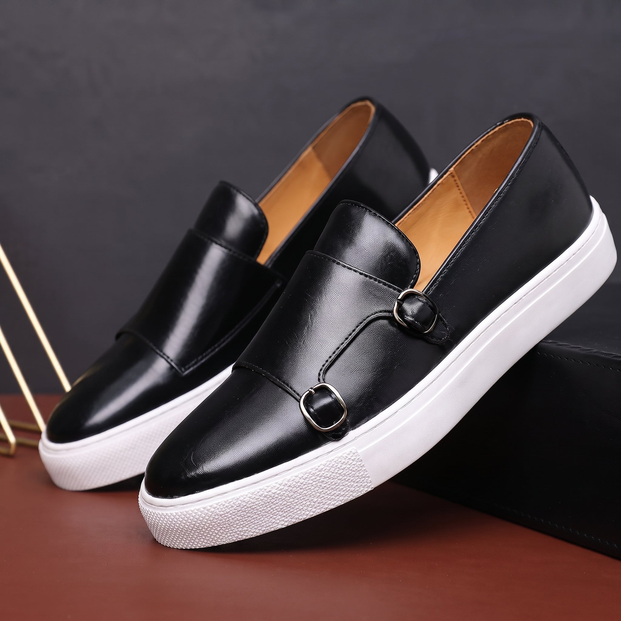 Jonas - Men's Casual Slip-On Double Monk Strap Trainers - Shoes men - Black - Taylor & Bennett