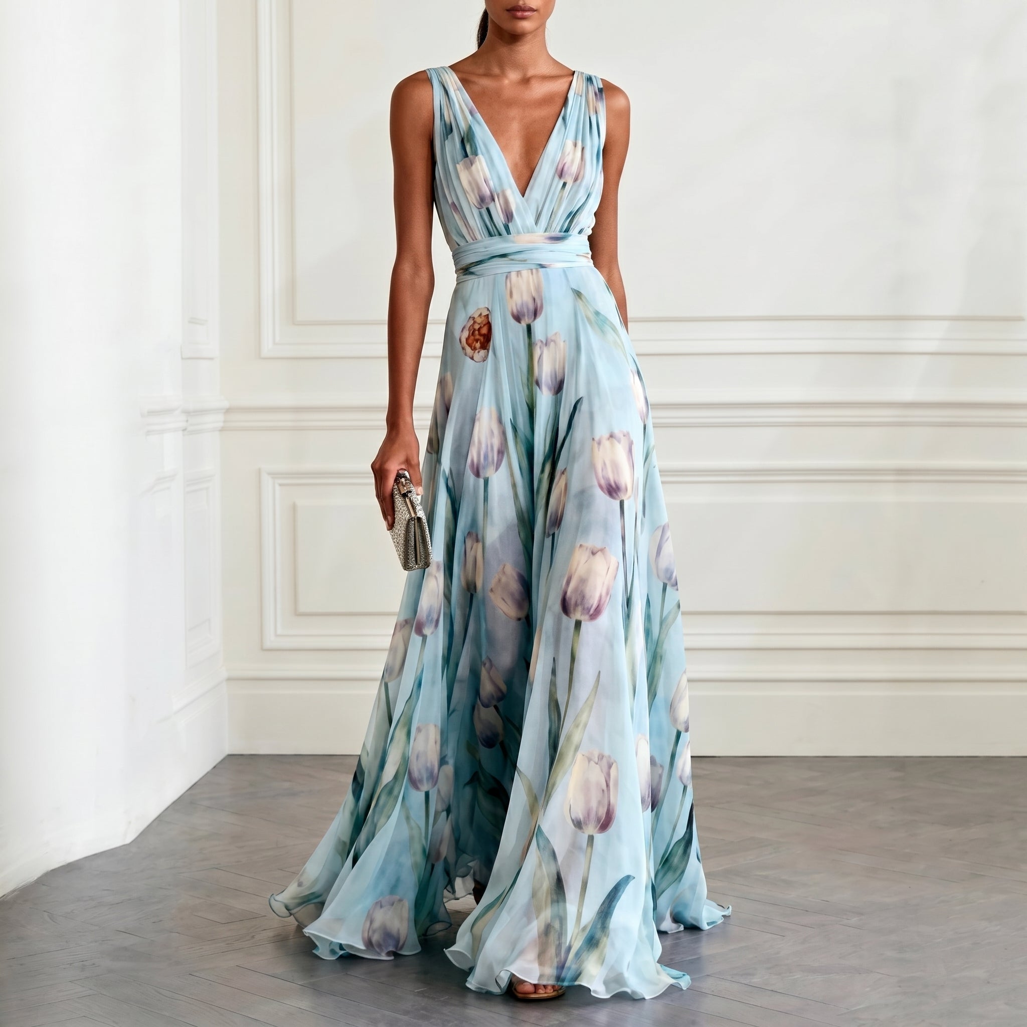 Klara - Women's Bridesmaid Floral Wrap Maxi Dress - Maxi Dress - Sky Blue - Taylor & Bennett
