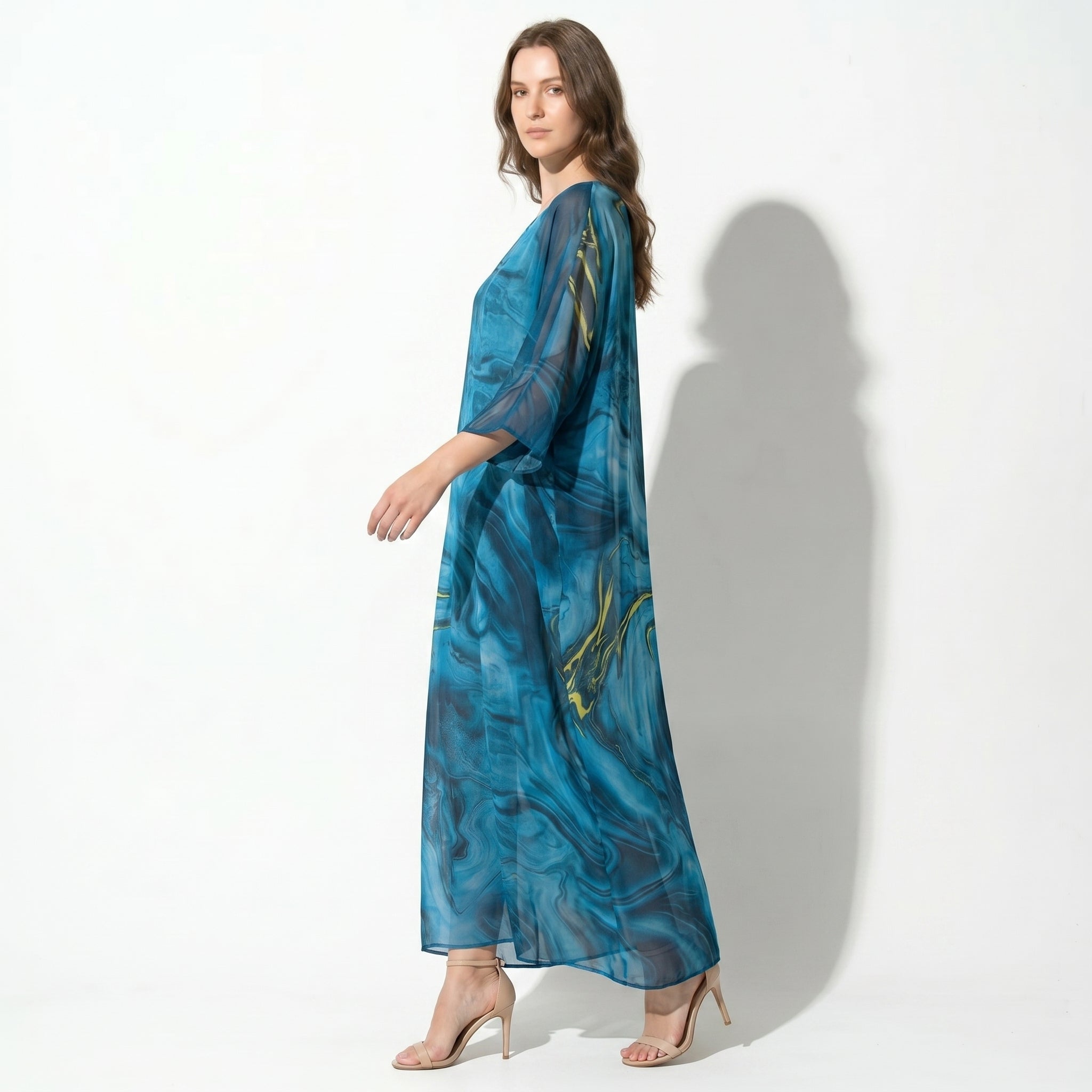 Lara - Women's Relaxed Fit Summer Marble Print Maxi Dress - Maxi Dress - Blue - Taylor & Bennett