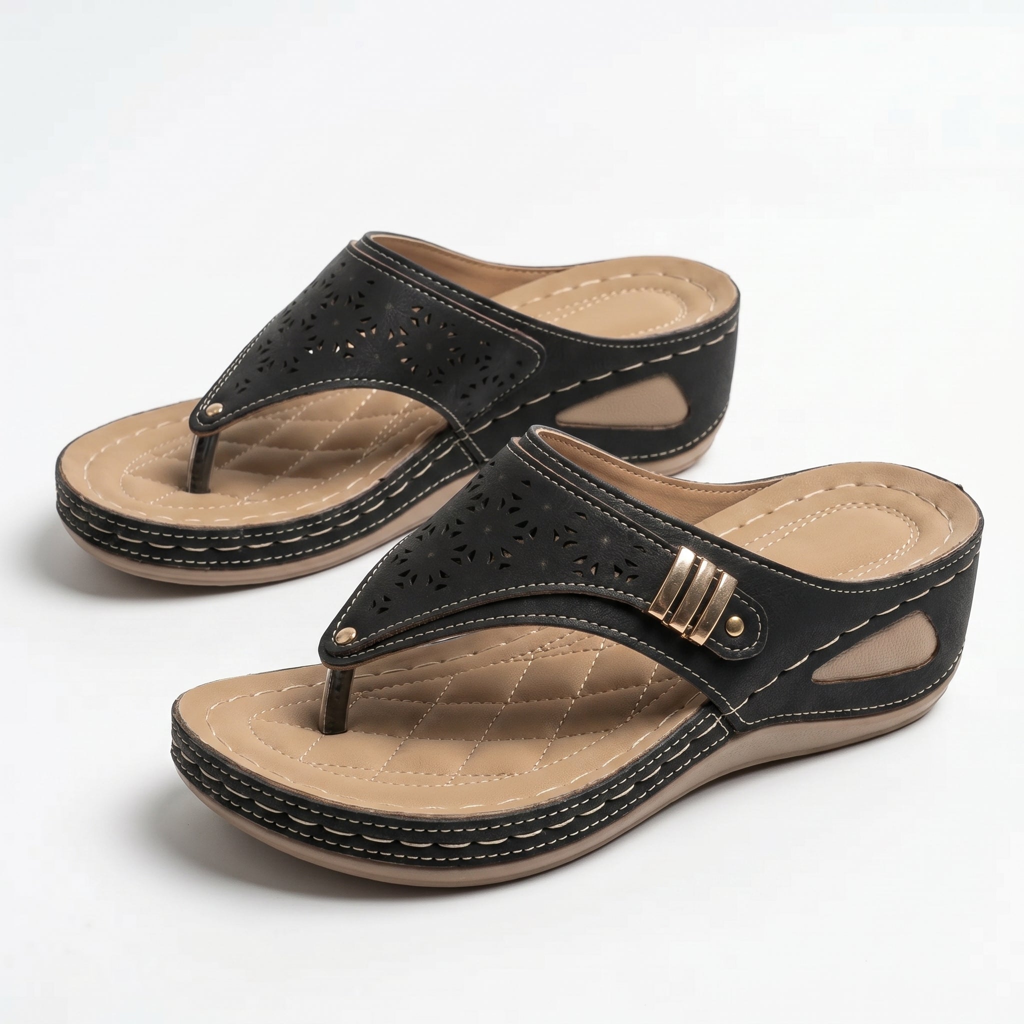 Layla - Women's Wedge Sandals with Cut - Out Detail - Sandal - Black - Taylor & Bennett