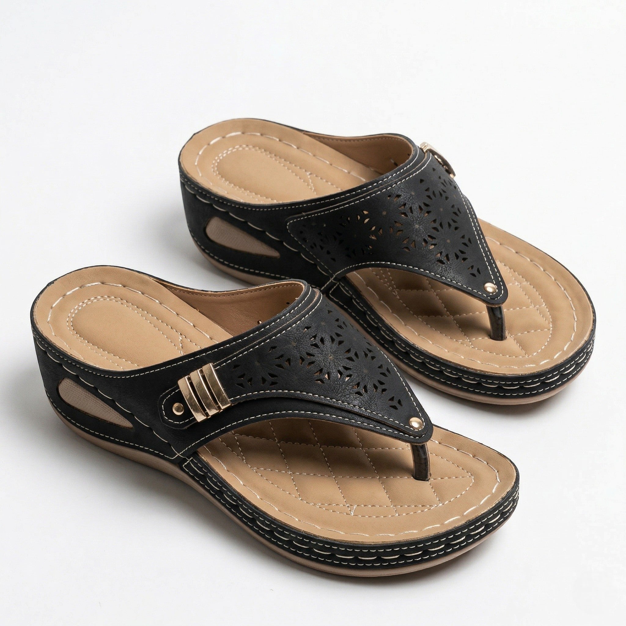 Layla - Women's Wedge Sandals with Cut - Out Detail - Sandal - Black - Taylor & Bennett