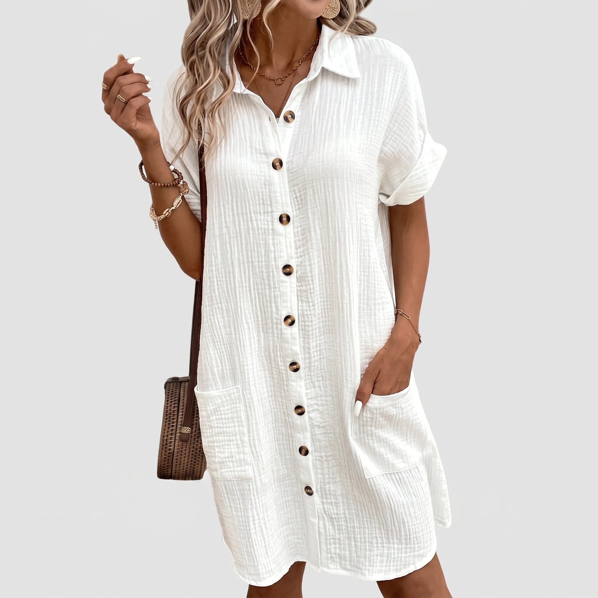 Lena - Women's Summer Button-Down Mini Shirt Dress - Dresses - White - Taylor & Bennett