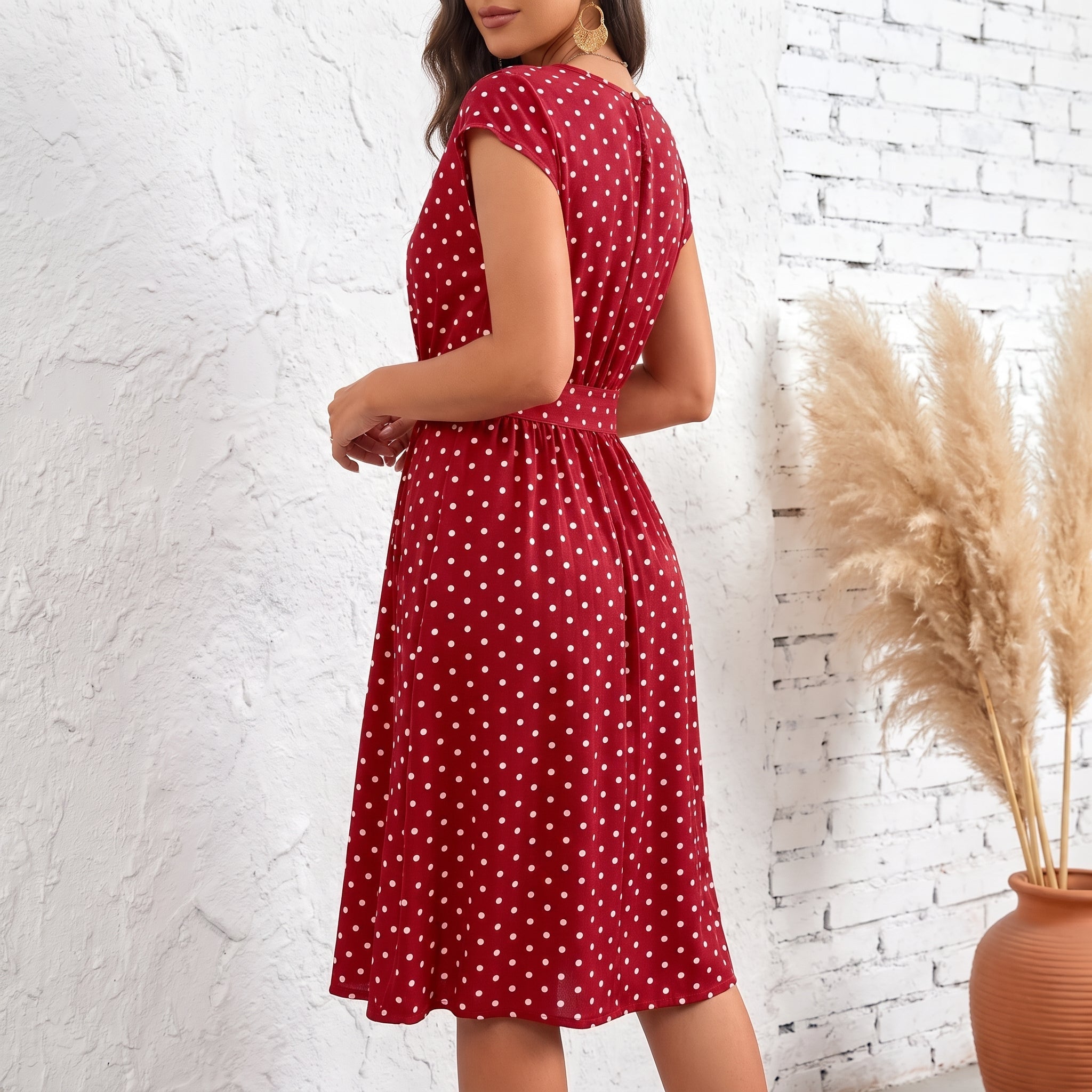 Lena - Women's Summer Polka Dot Belted Midi Dress - Dresses - Red - Taylor & Bennett