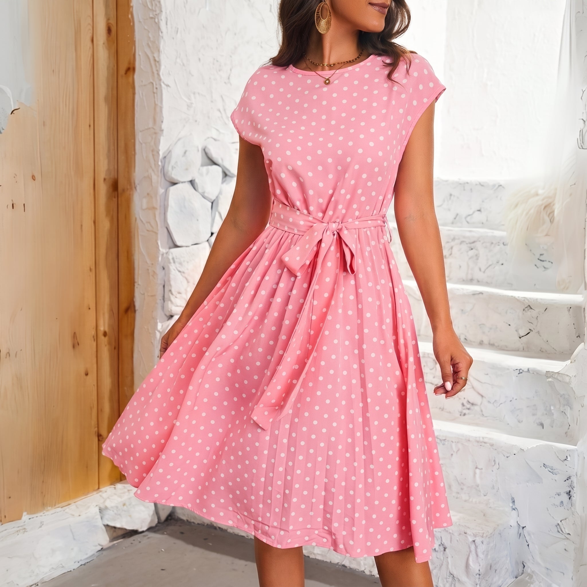 Lena - Women's Summer Polka Dot Belted Midi Dress - Dresses - Pink - Taylor & Bennett