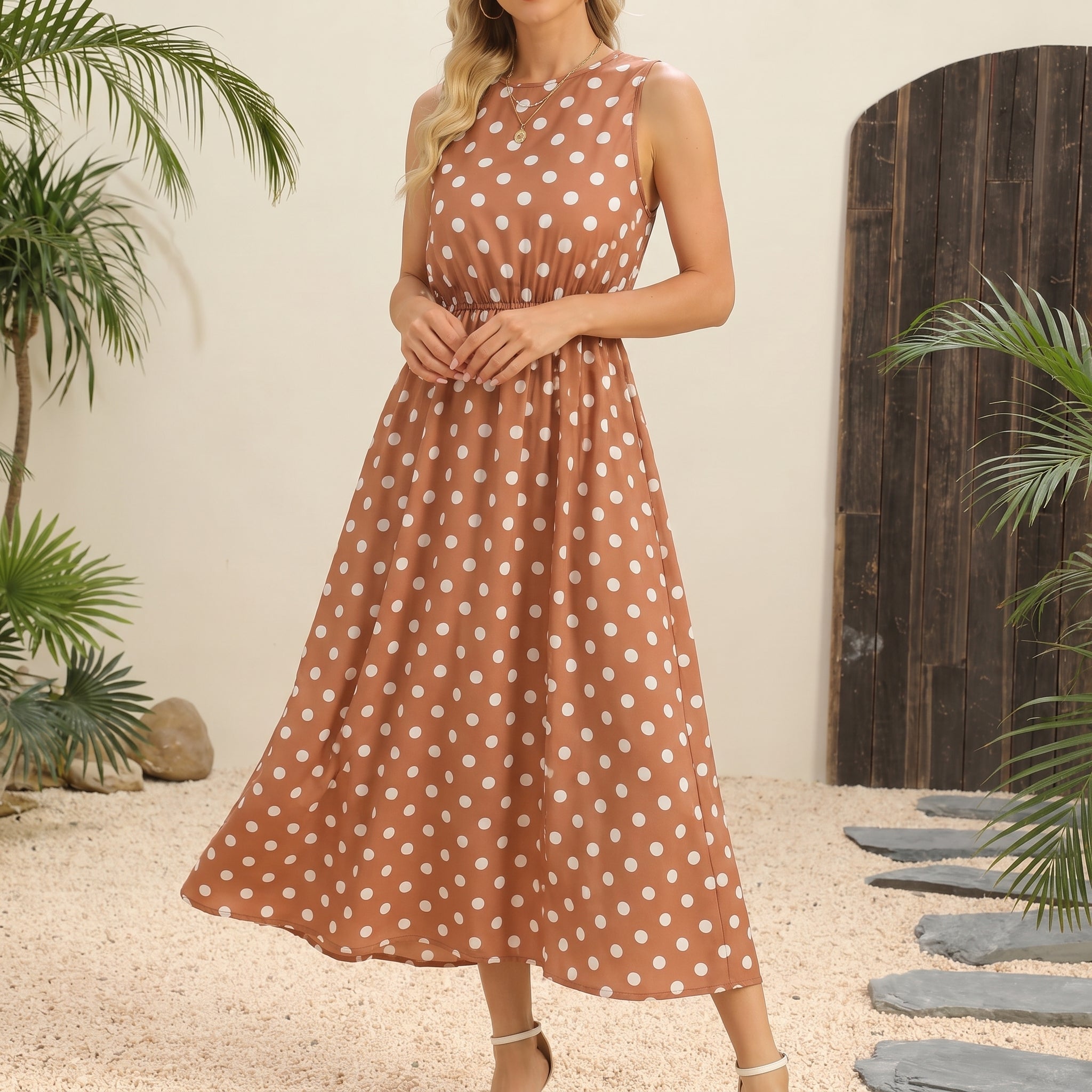 Lena - Women's Summer Sleeveless Polka Dot Maxi Dress - Dresses - Brown - Taylor & Bennett