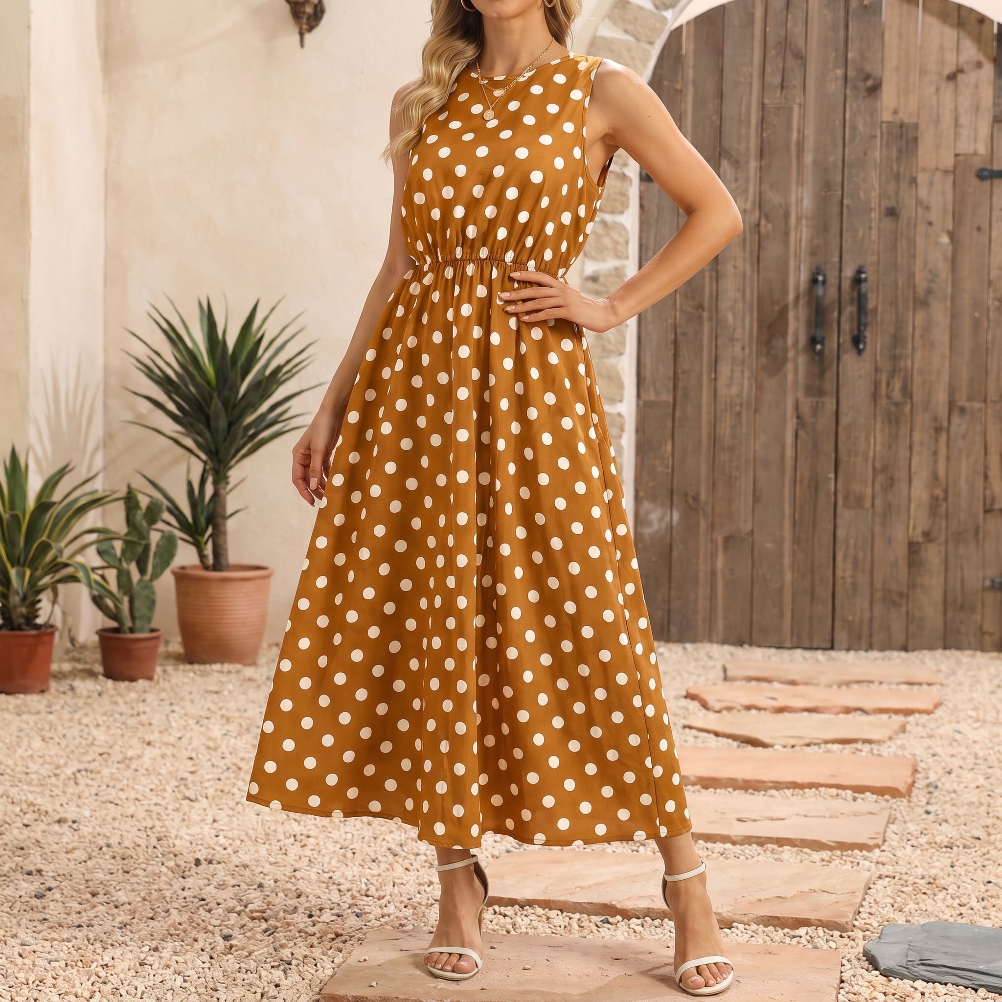 Lena - Women's Summer Sleeveless Polka Dot Maxi Dress - Dresses - Yellow - Taylor & Bennett