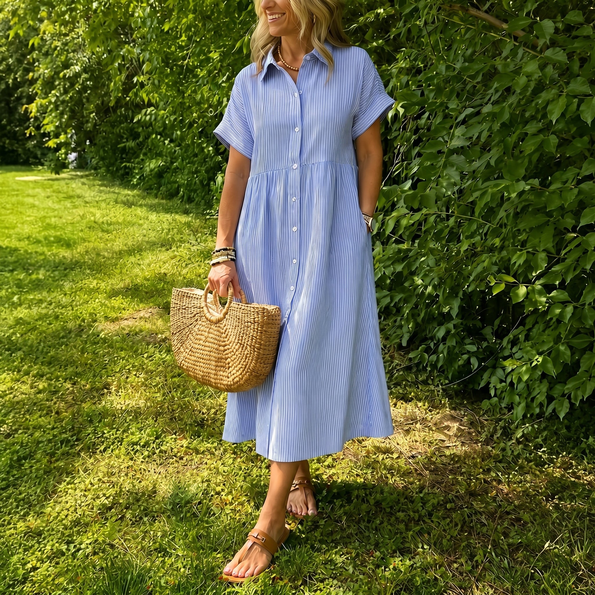 Lena - Women's Summer Striped Button-Down Midi Shirt Dress - Midi Dress - Blue - Taylor & Bennett