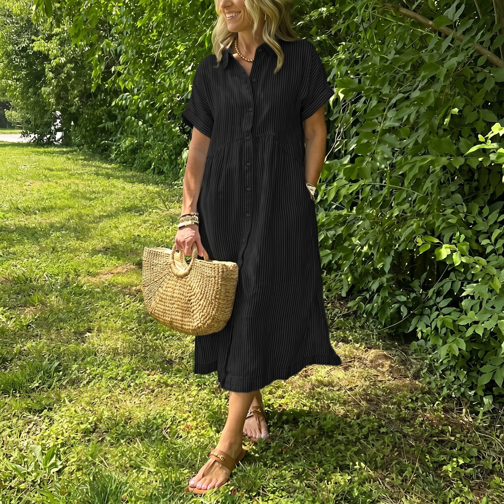 Lena - Women's Summer Striped Button-Down Midi Shirt Dress - Midi Dress - Black - Taylor & Bennett