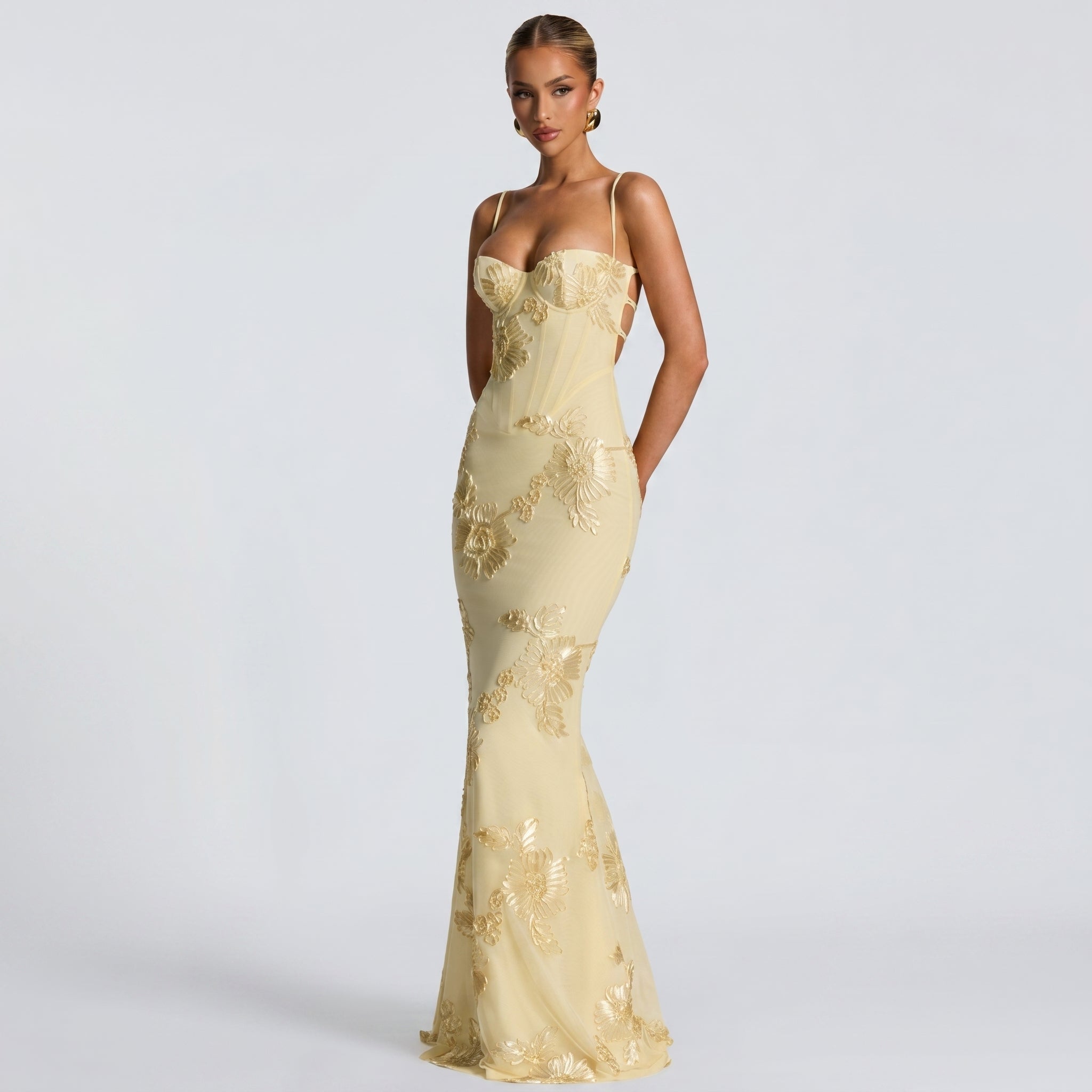 Lena - Women's Wedding Guest Floral Sequin Maxi Dress - Maxi Dress - Yellow - Taylor & Bennett