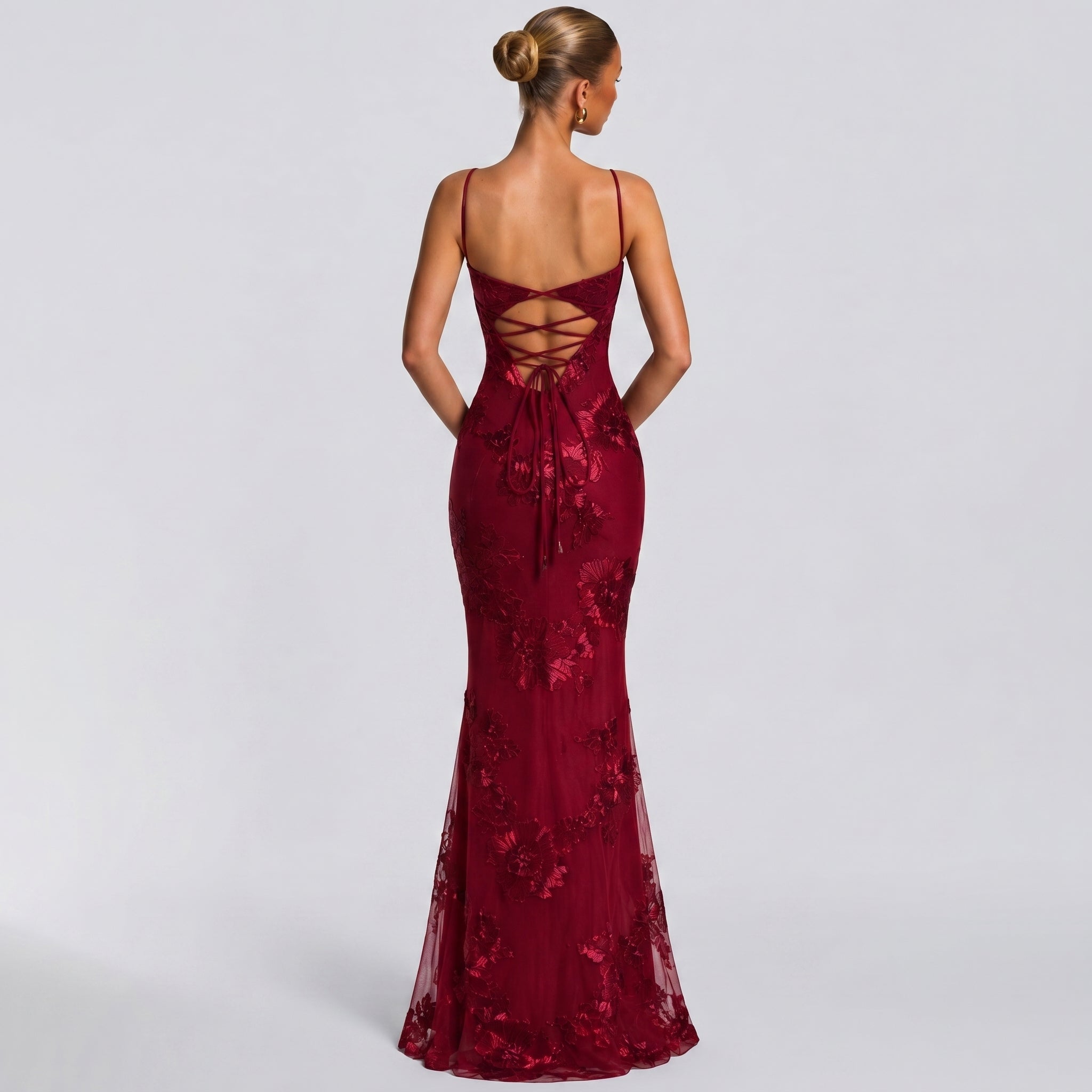 Lena - Women's Wedding Guest Floral Sequin Maxi Dress - Maxi Dress - Burgundy - Taylor & Bennett