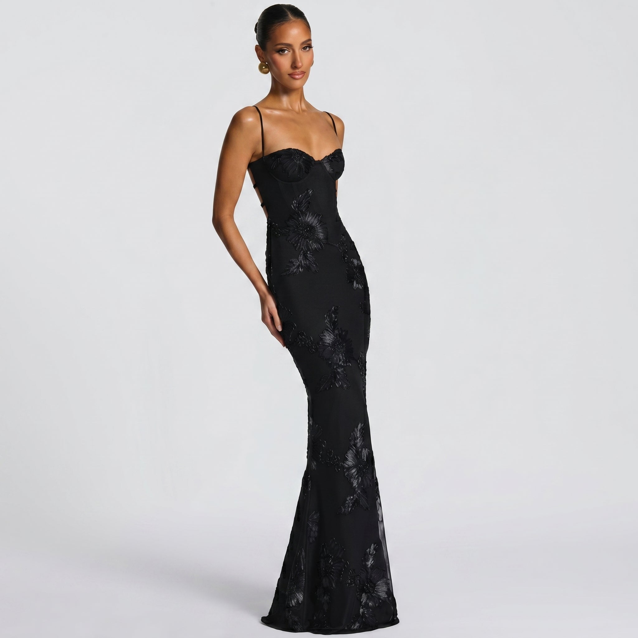 Lena - Women's Wedding Guest Floral Sequin Maxi Dress - Maxi Dress - Black - Taylor & Bennett