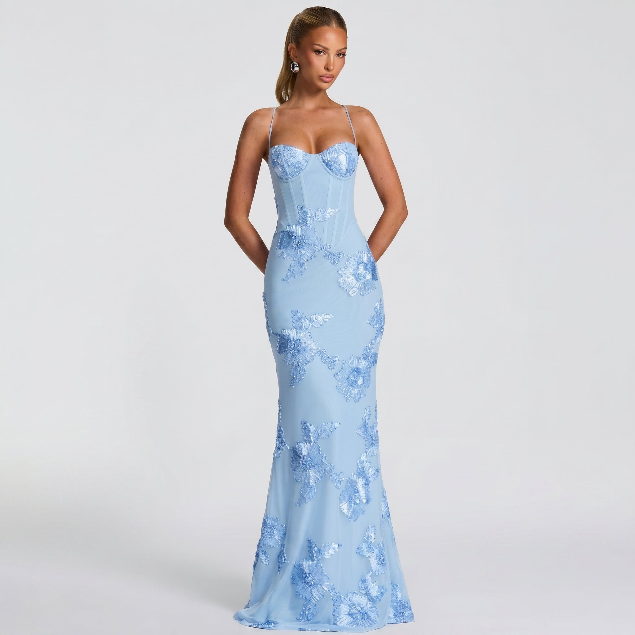 Lena - Women's Wedding Guest Floral Sequin Maxi Dress - Maxi Dress - Light Blue - Taylor & Bennett