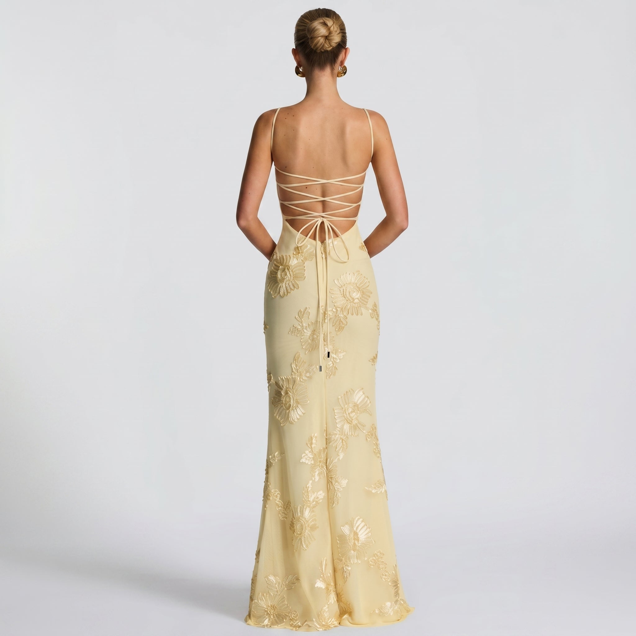Lena - Women's Wedding Guest Floral Sequin Maxi Dress - Maxi Dress - Yellow - Taylor & Bennett