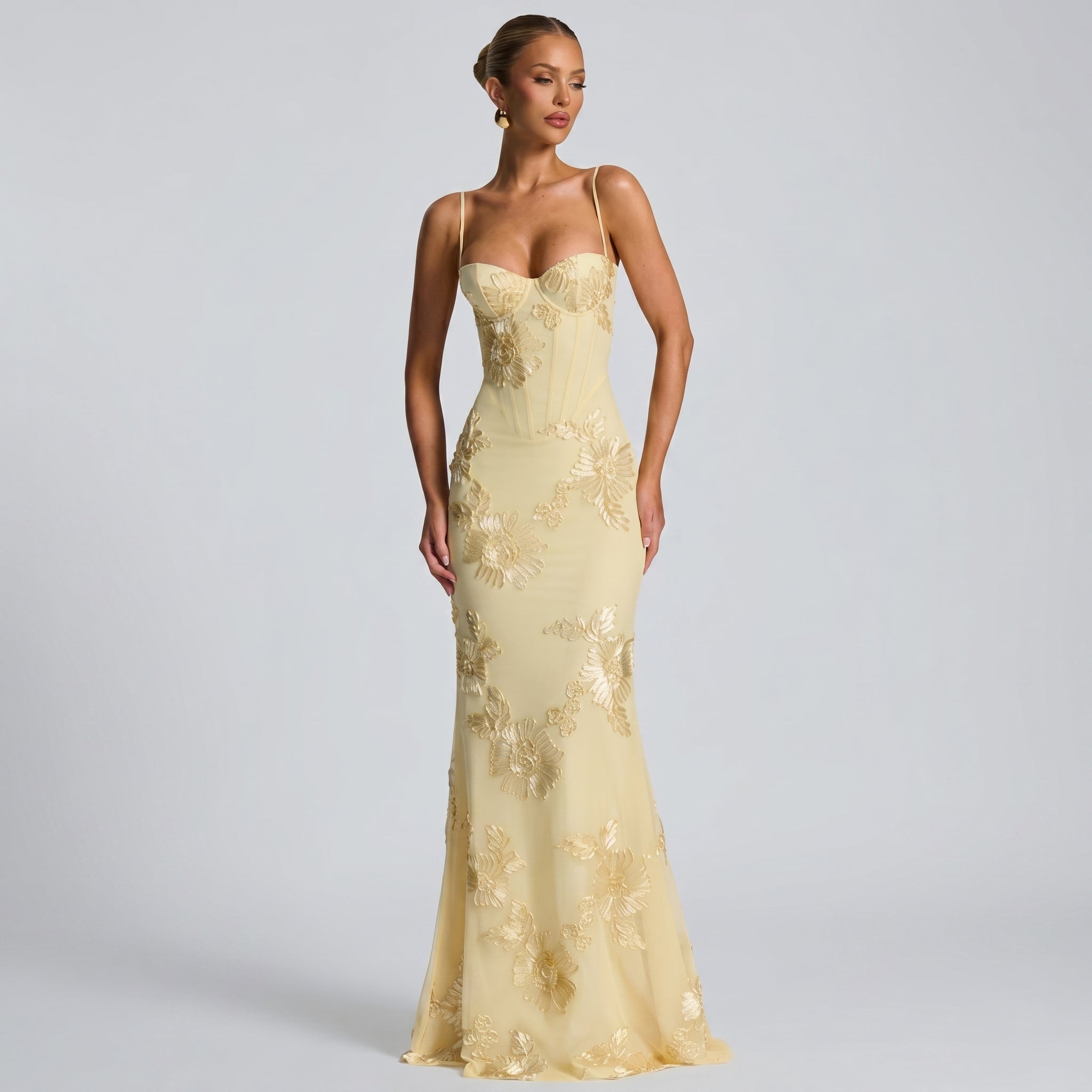 Lena - Women's Wedding Guest Floral Sequin Maxi Dress - Maxi Dress - Yellow - Taylor & Bennett