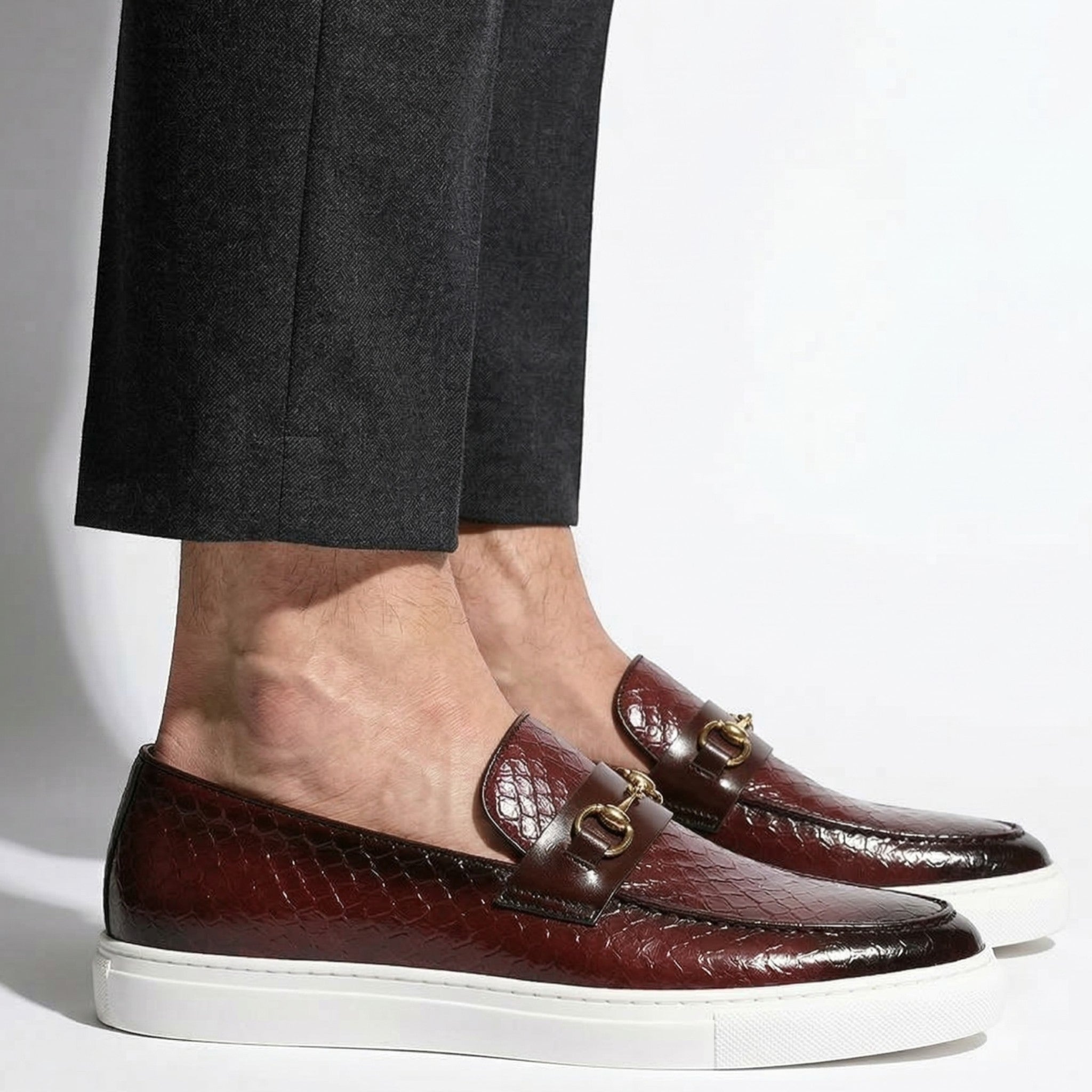 Leo - Men's Textured Loafers with Buckle Detail - Loafers - Cherry Brown - Taylor & Bennett
