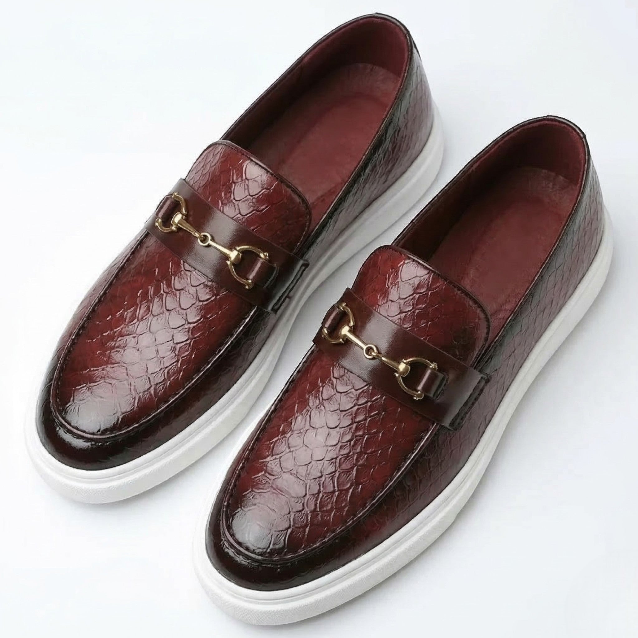 Leo - Men's Textured Loafers with Buckle Detail - Loafers - Cherry Brown - Taylor & Bennett