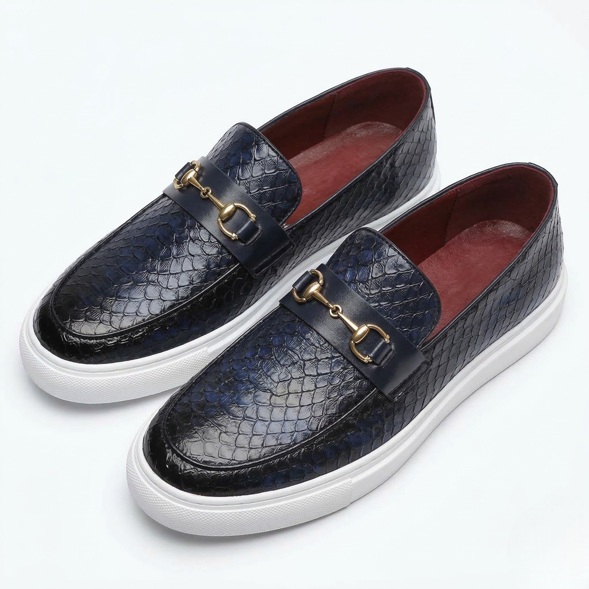 Leo - Men's Textured Loafers with Buckle Detail - Loafers - Navy Blue - Taylor & Bennett