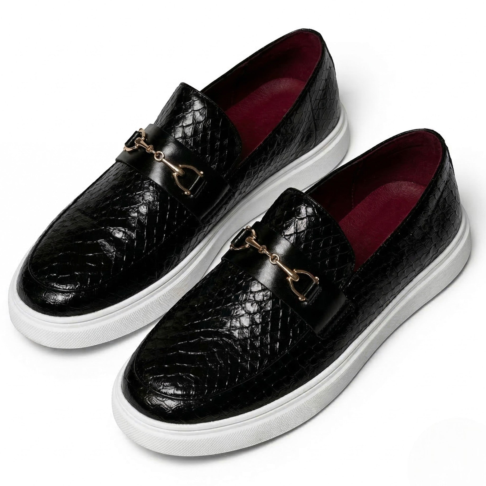 Leo - Men's Textured Loafers with Buckle Detail - Loafers - Black - Taylor & Bennett