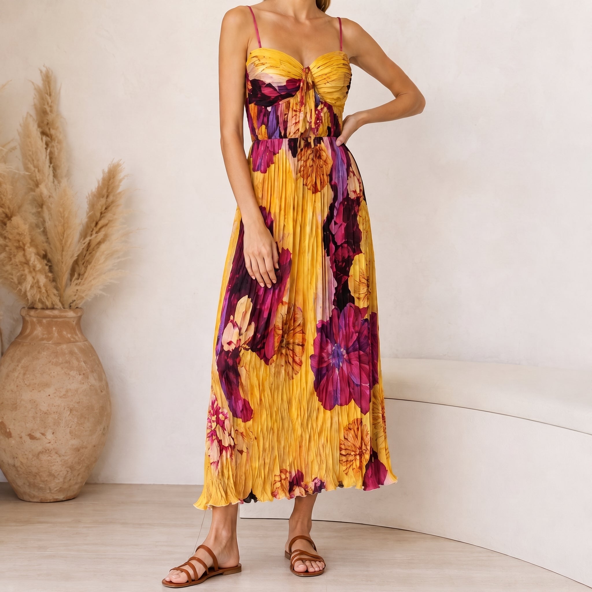 Leonie - Women's Summer Floral Pleated Sweetheart Maxi Dress - Dresses - Yellow - Taylor & Bennett