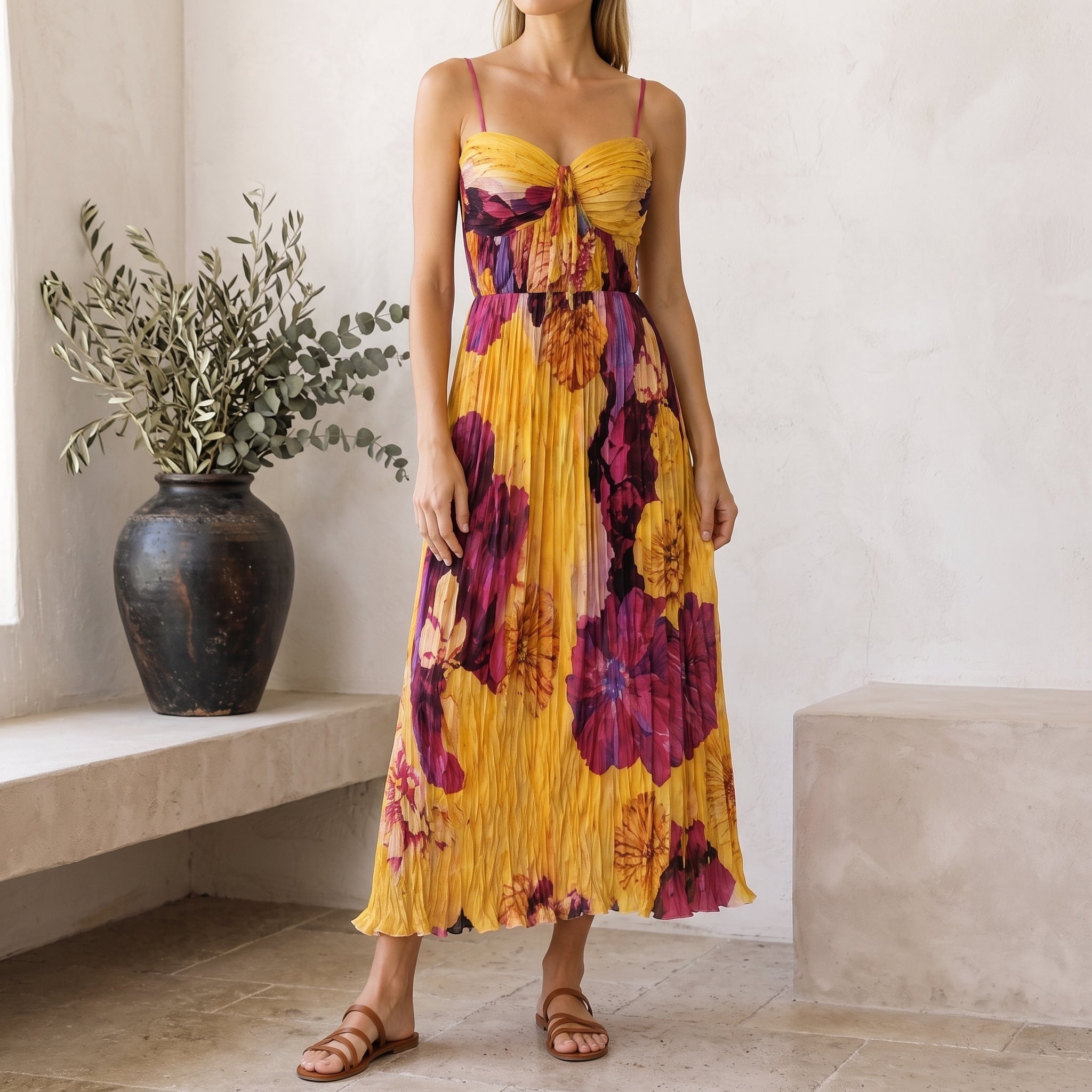 Leonie - Women's Summer Floral Pleated Sweetheart Maxi Dress - Dresses - Yellow - Taylor & Bennett