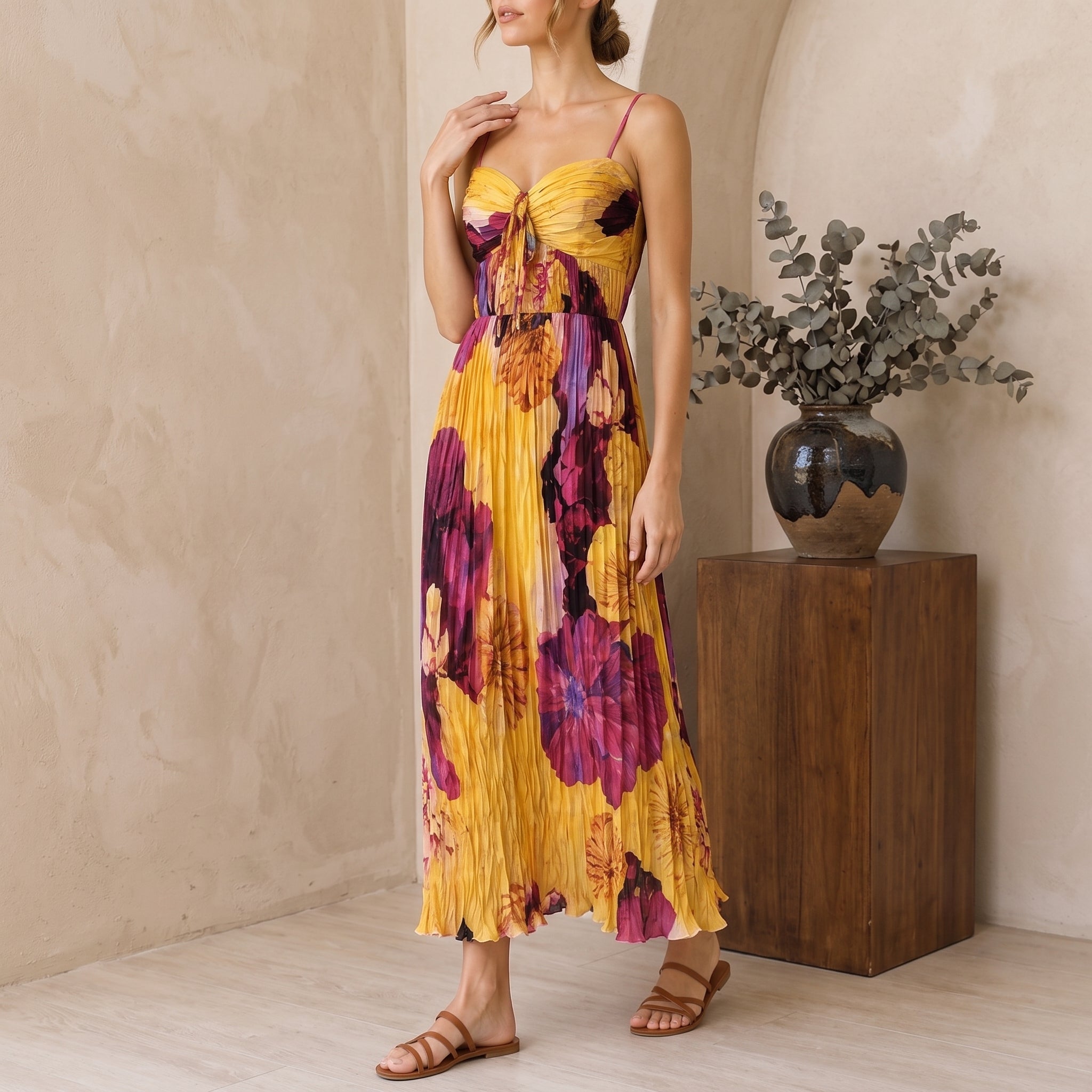 Leonie - Women's Summer Floral Pleated Sweetheart Maxi Dress - Dresses - Yellow - Taylor & Bennett