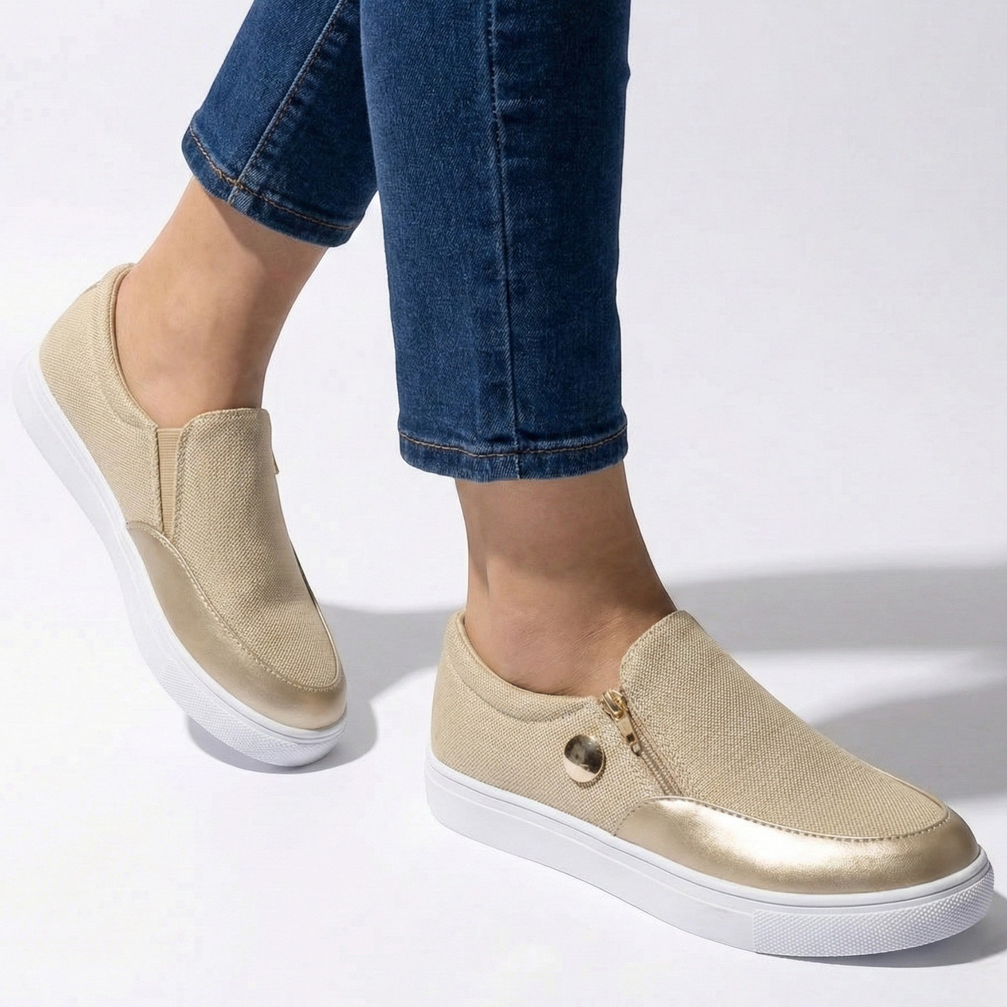 Liana - Women's Breathable Zip - Up Trainers with Textured Finish - Orthopedic shoes - Gold - Taylor & Bennett