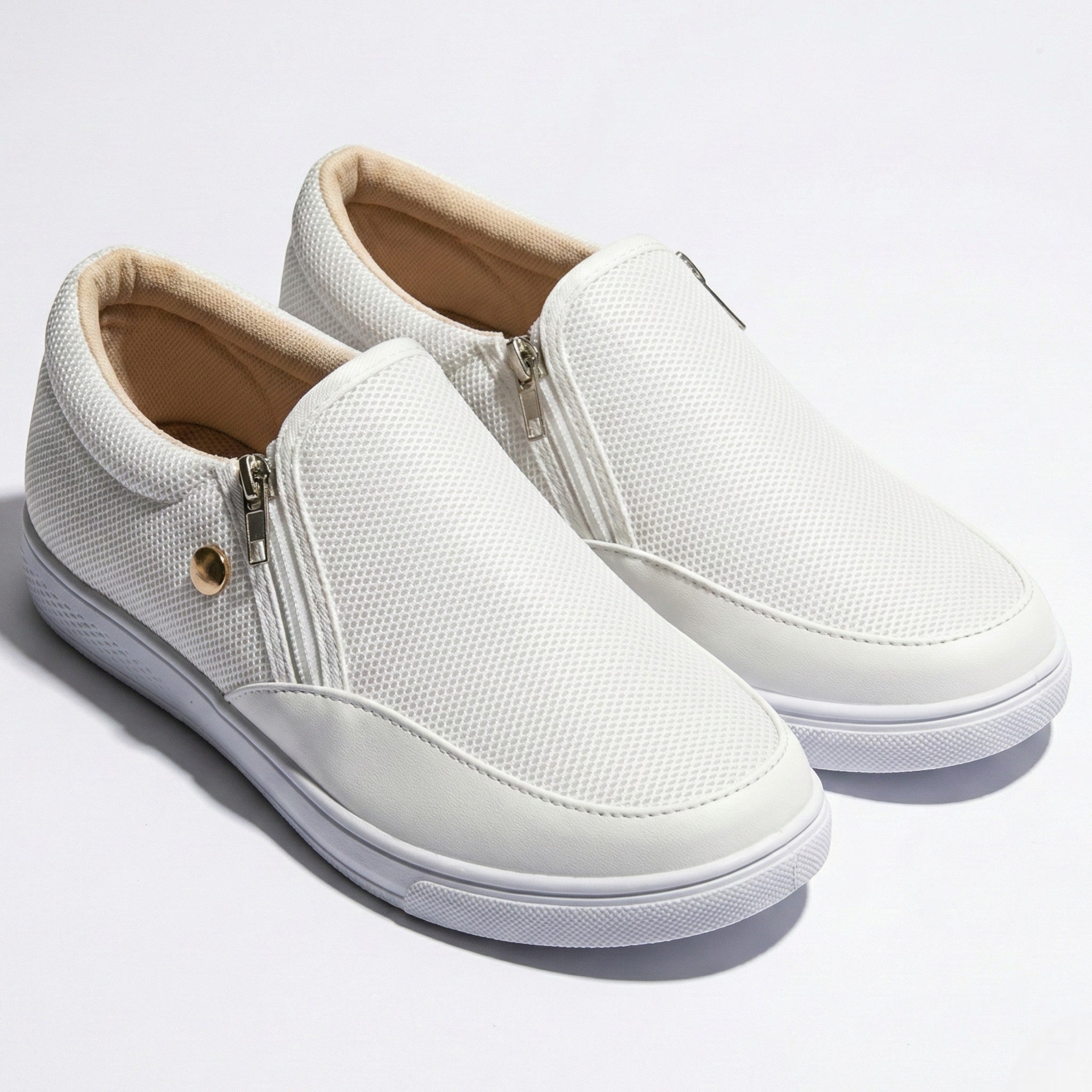 Liana - Women's Breathable Zip - Up Trainers with Textured Finish - Orthopedic shoes - White - Taylor & Bennett
