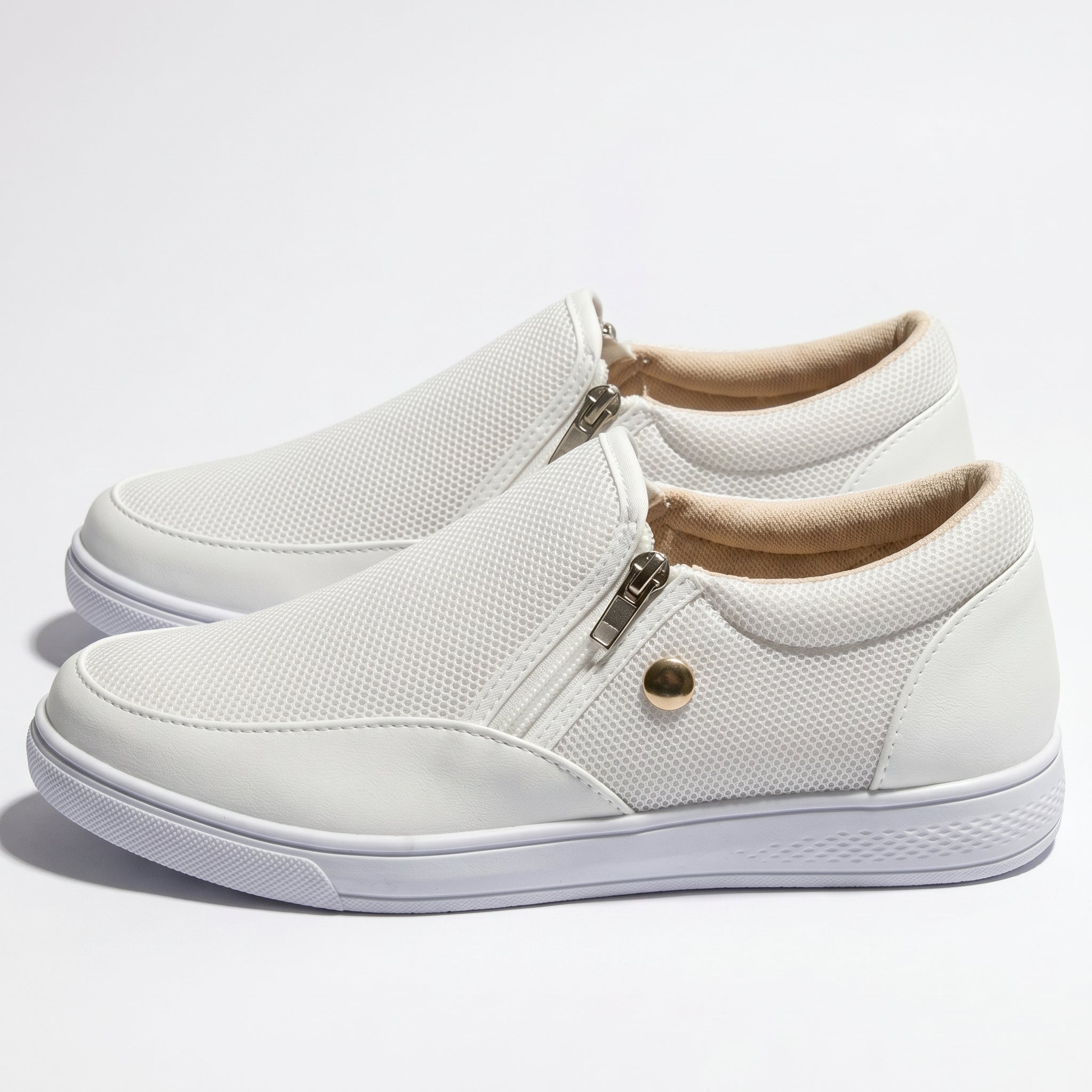 Liana - Women's Breathable Zip - Up Trainers with Textured Finish - Shoes - White - Taylor & Bennett
