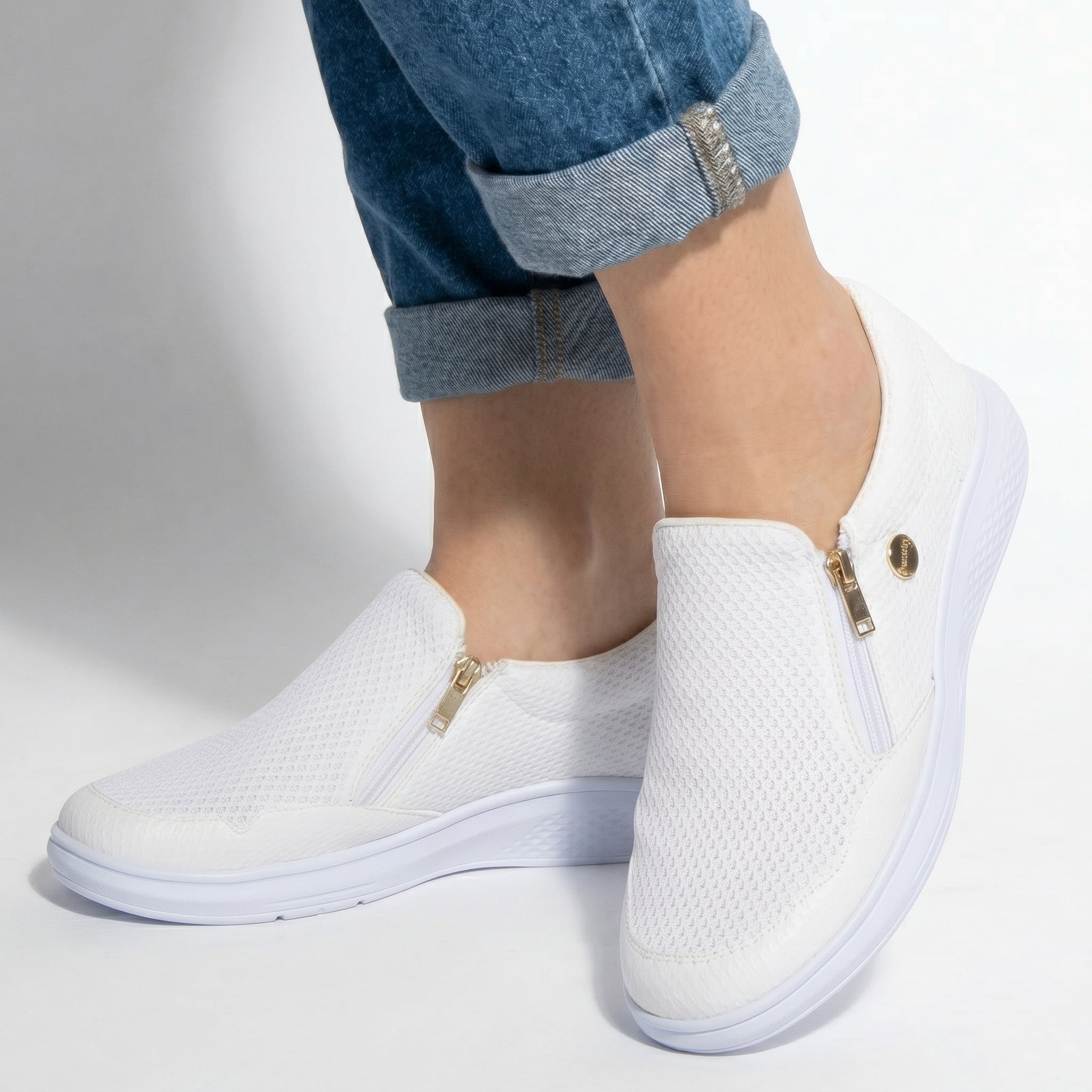 Liana - Women's Breathable Zip - Up Trainers with Textured Finish - Shoes - White - Taylor & Bennett
