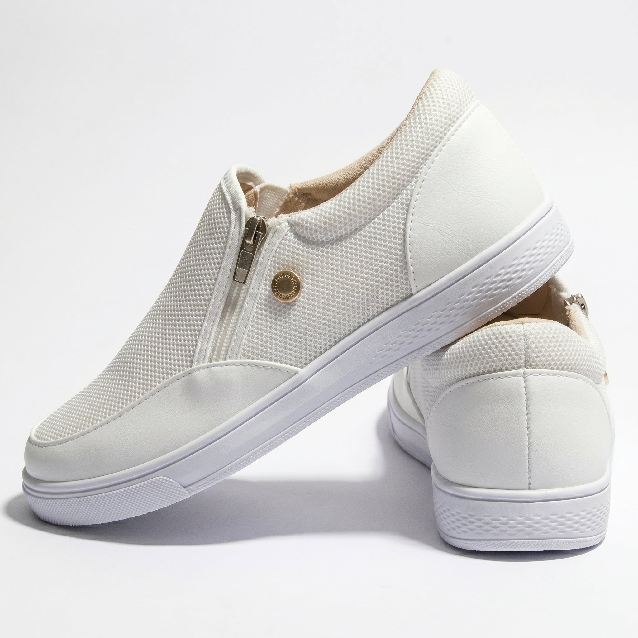 Liana - Women's Breathable Zip - Up Trainers with Textured Finish - Shoes - White - Taylor & Bennett