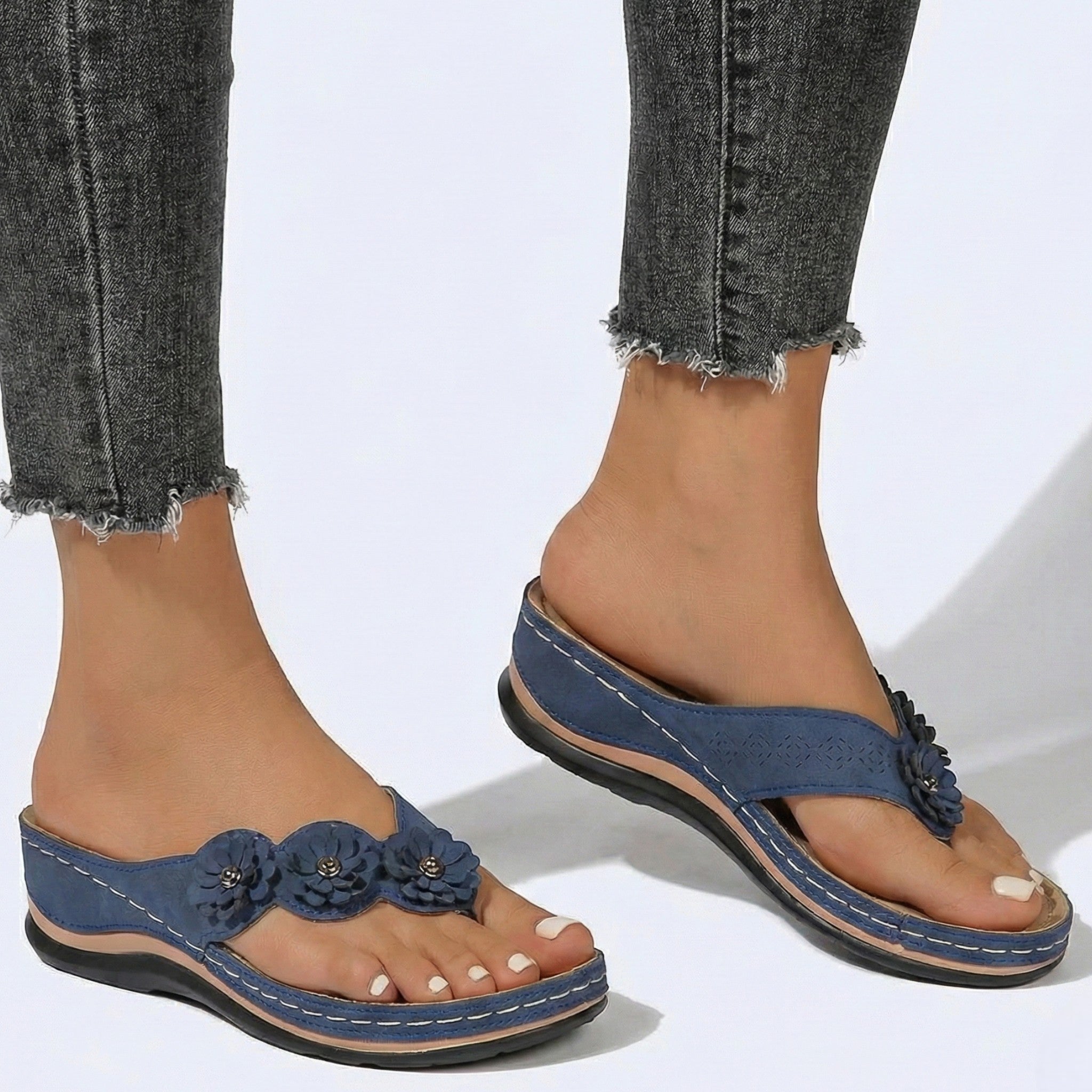 Liana - Women's Wedge Sandals with Floral Detail - Sandals - Blue - Taylor & Bennett