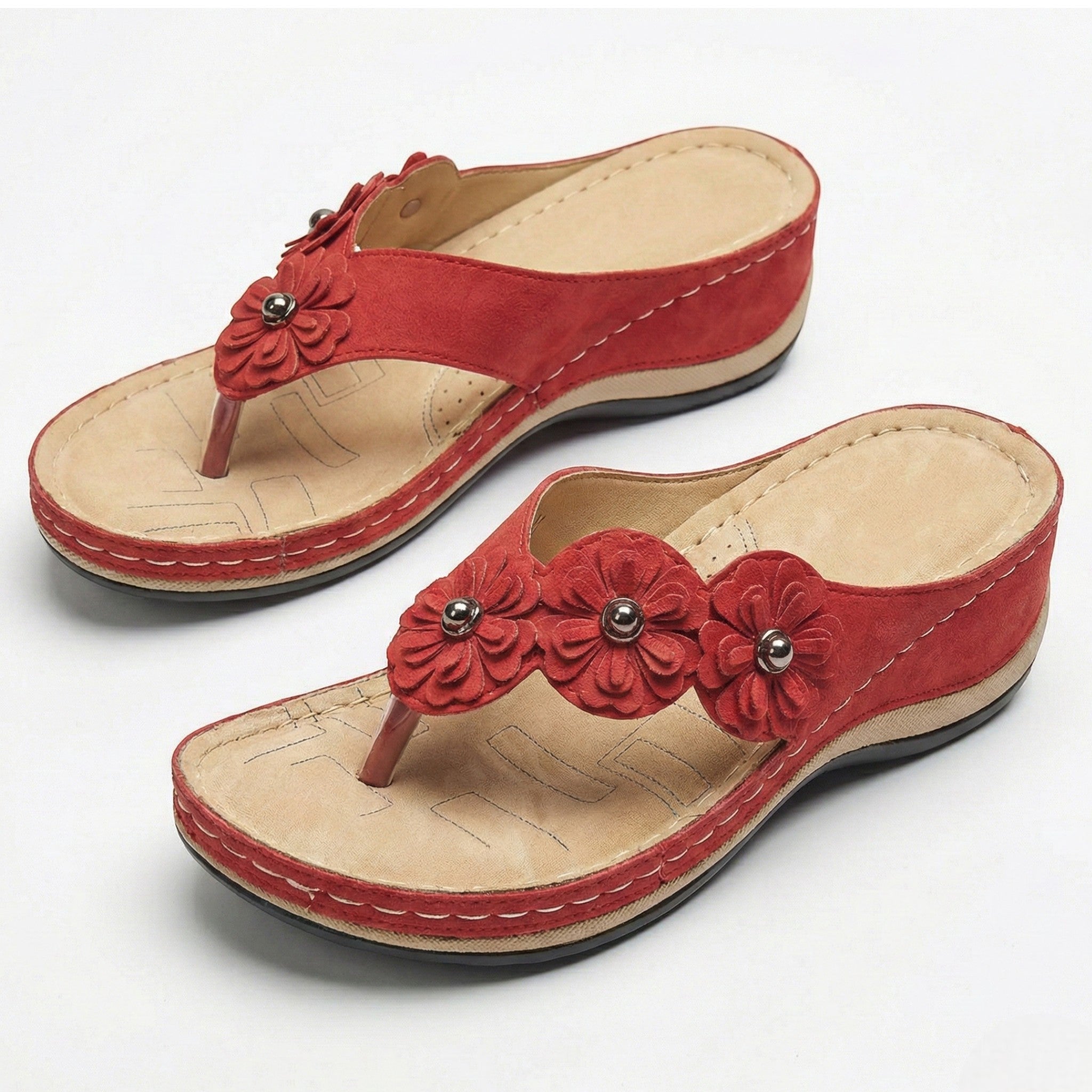 Liana - Women's Wedge Sandals with Floral Detail - Sandals - Red - Taylor & Bennett