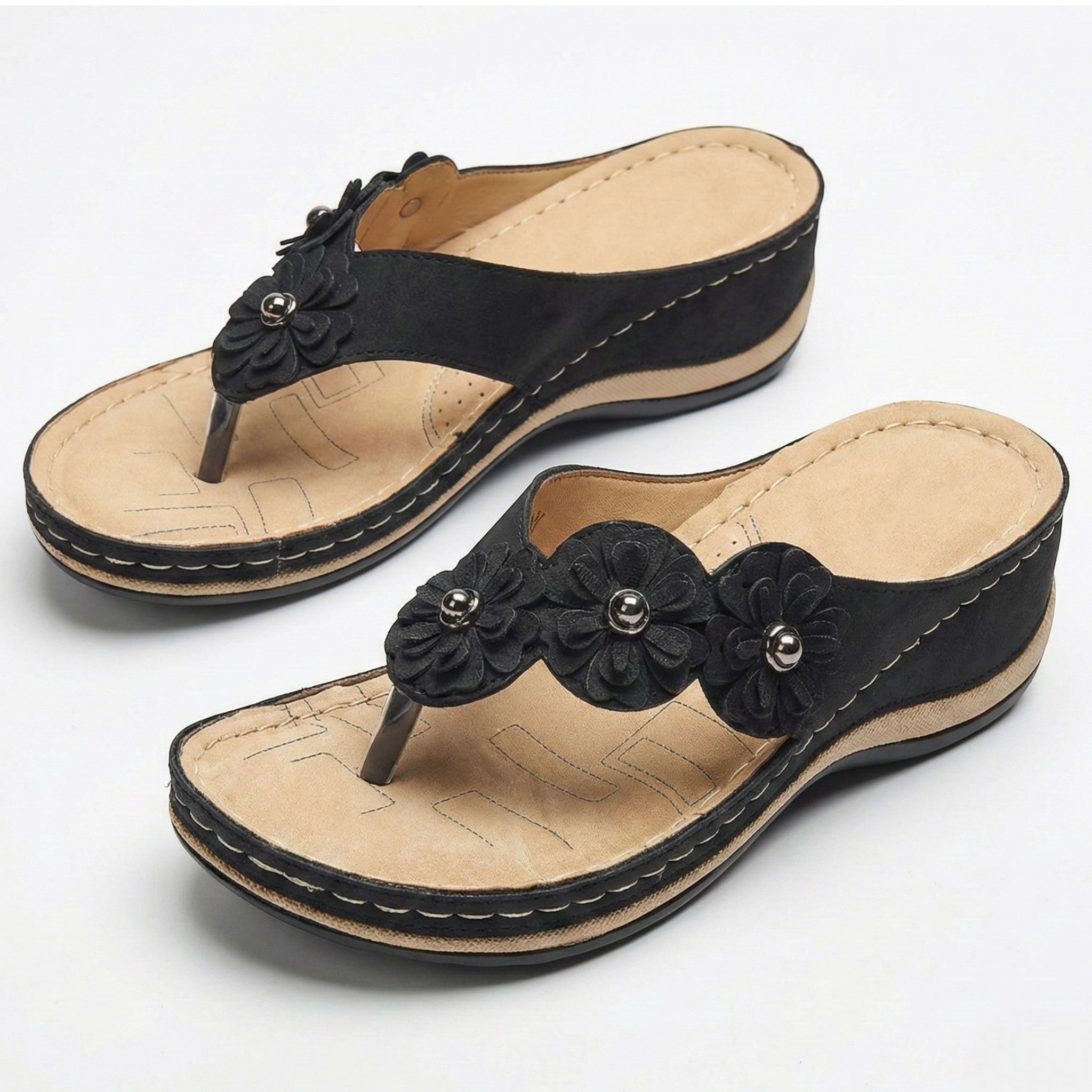 Liana - Women's Wedge Sandals with Floral Detail - Sandals - Black - Taylor & Bennett