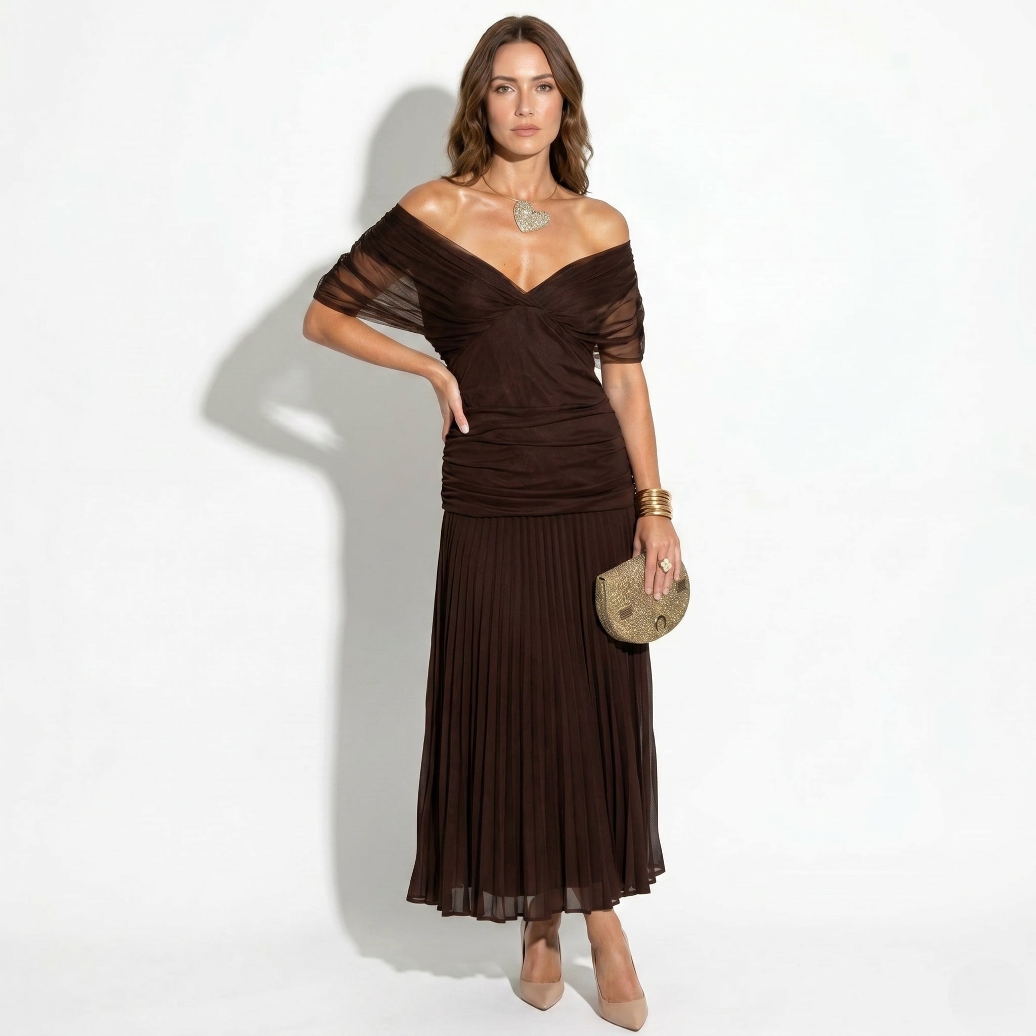 Lily - Women's Evening Ruched Maxi Dress - Dress - Brown - Taylor & Bennett