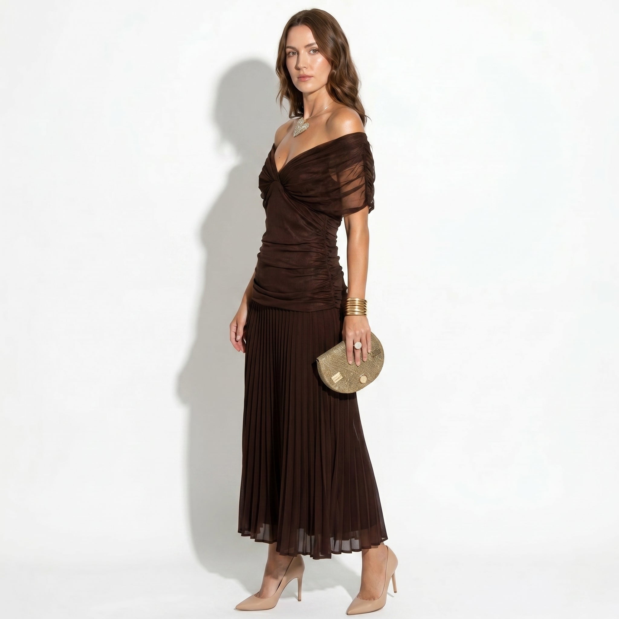 Lily - Women's Evening Ruched Maxi Dress - Dress - Brown - Taylor & Bennett