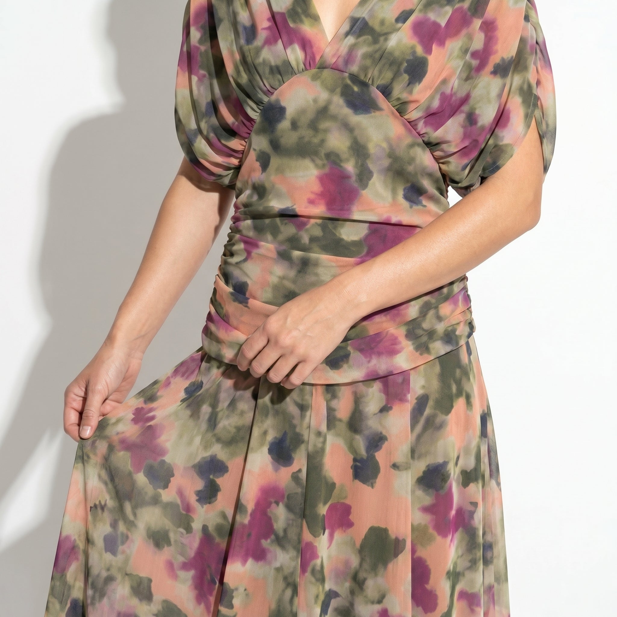 Lily - Women's Evening Ruched Maxi Dress - Dress - Green And Purple - Taylor & Bennett
