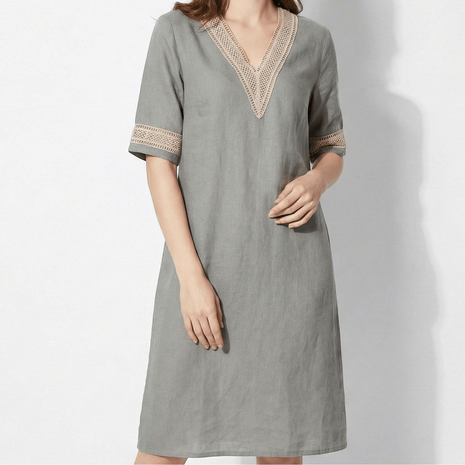 Lily - Women's Mini Dress with Crochet Trim - Dress - Khaki - Taylor & Bennett