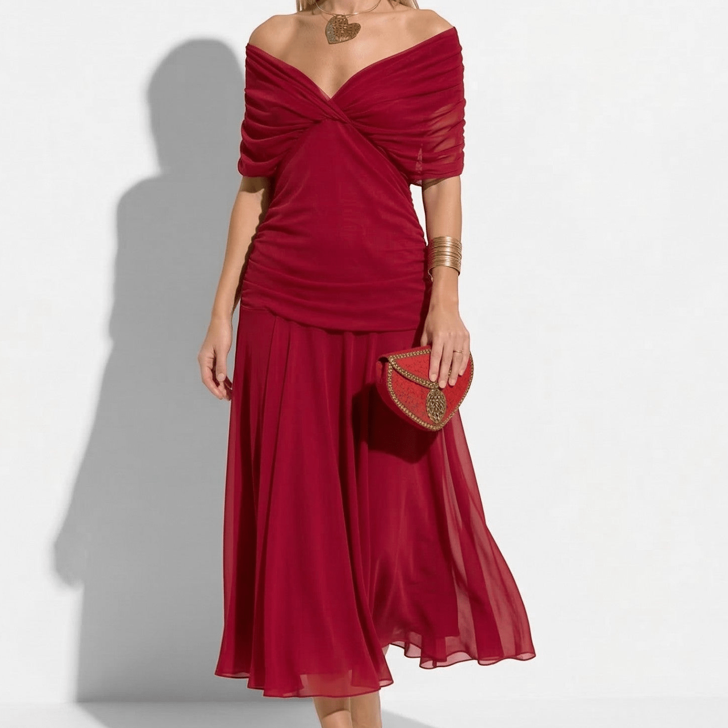 Lily - Women's Off - Shoulder Ruched Maxi Dress - Dress - Red - Taylor & Bennett