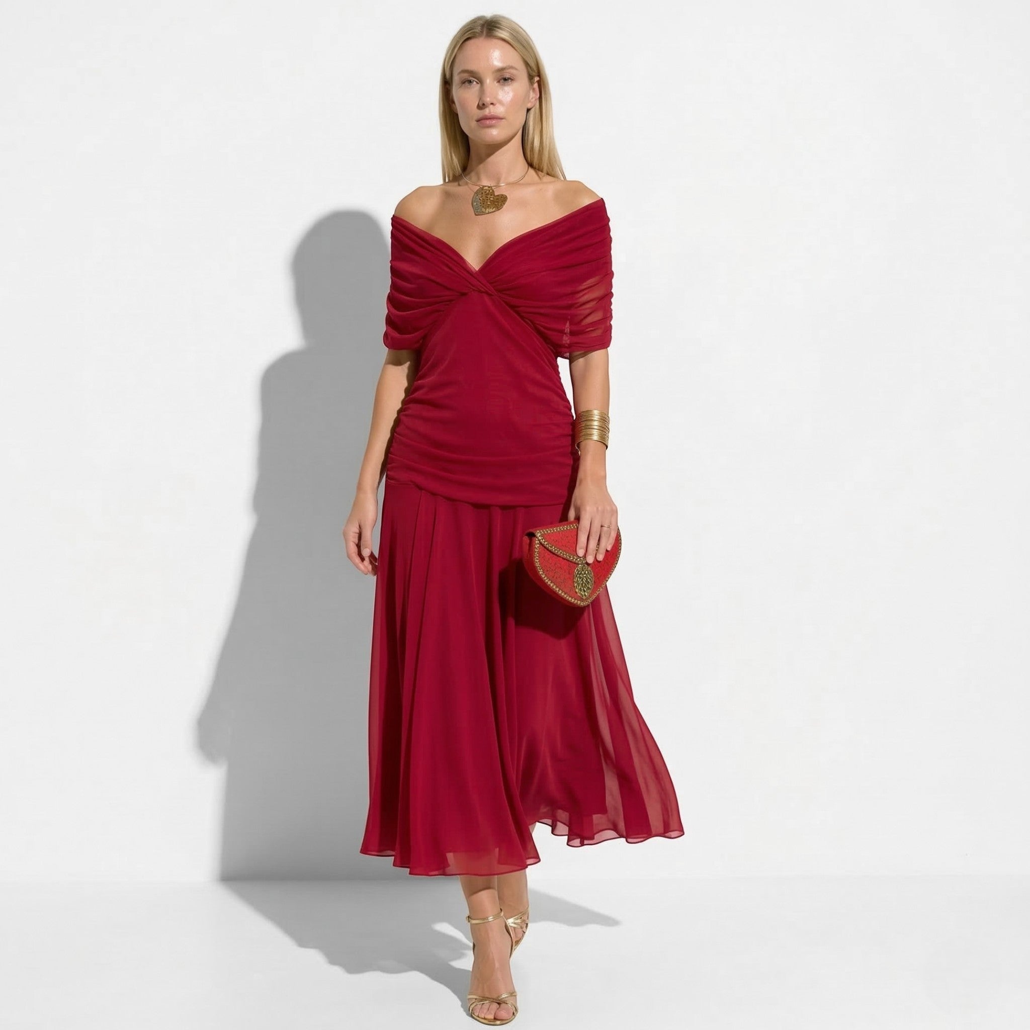 Lily - Women's Off - Shoulder Ruched Maxi Dress - Dress - Red - Taylor & Bennett