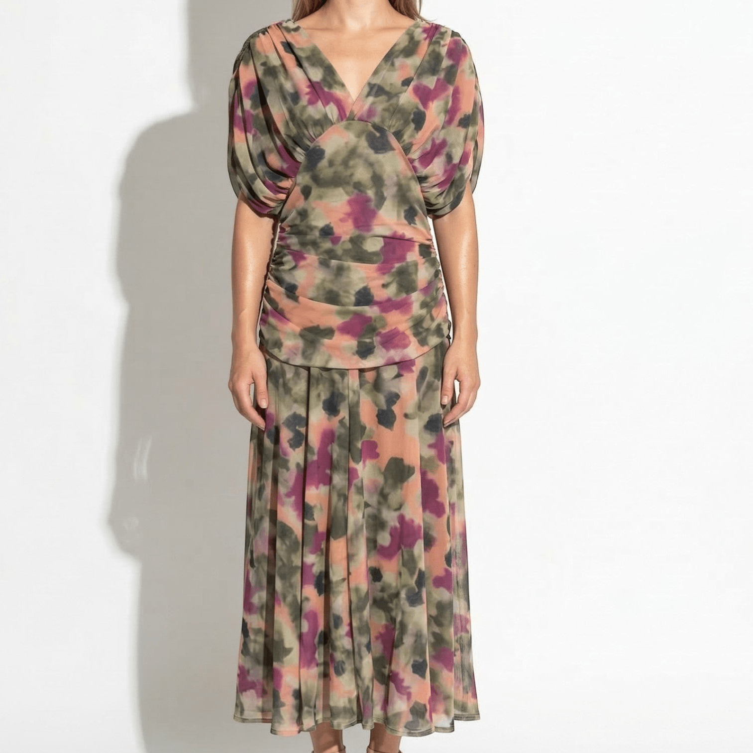 Lily - Women's Off - Shoulder Ruched Maxi Dress - Dress - Green And Purple - Taylor & Bennett