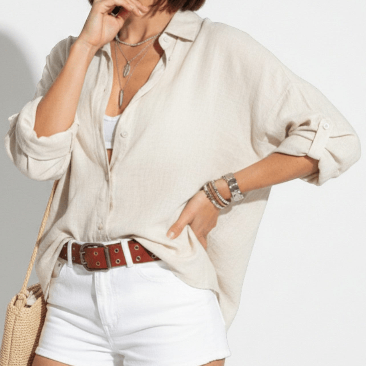 Lily - Women's Relaxed Button - Down Blouse with Roll - Up Sleeves - Long sleeves - White - Taylor & Bennett