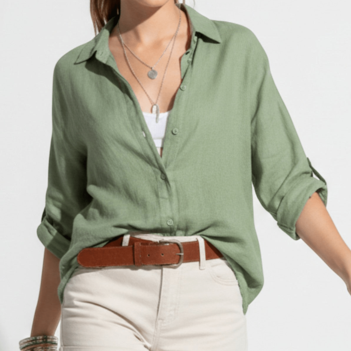 Lily - Women's Relaxed Button - Down Blouse with Roll - Up Sleeves - Long sleeves - Green - Taylor & Bennett